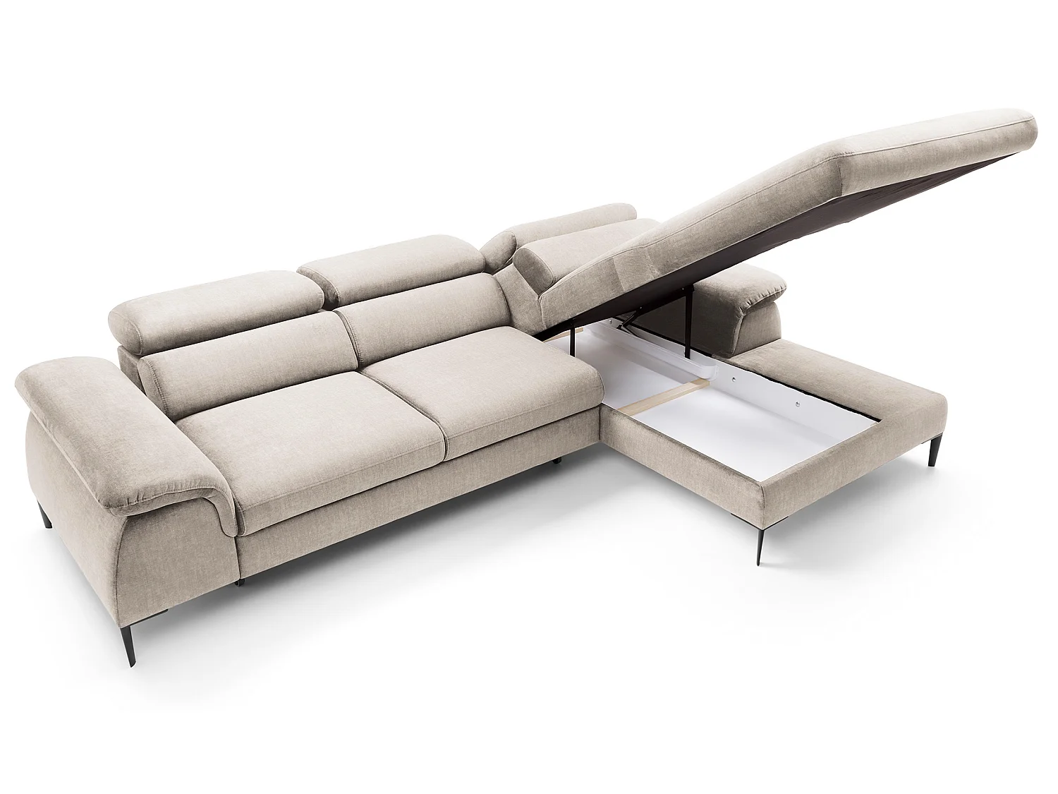Canapé d'angle convertible 290 cm Amaro M, têtières réglables, coffre de rangement, droite, Crème