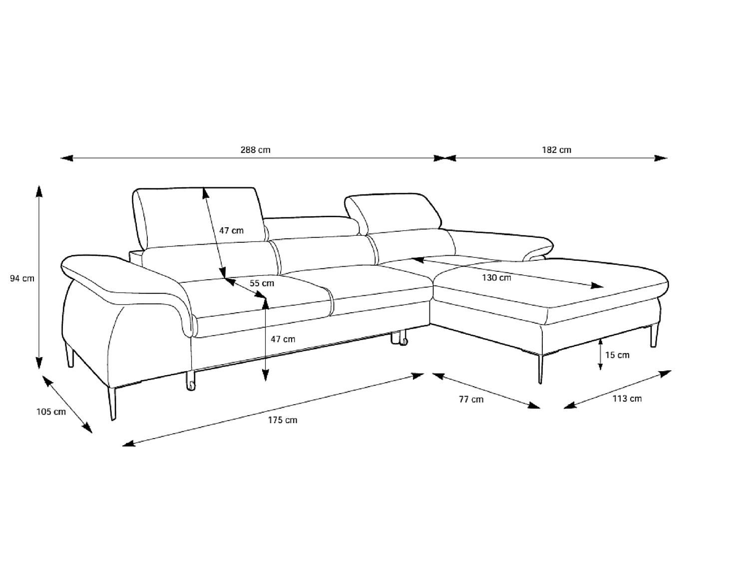 Canapé d'angle convertible 290 cm Amaro M, têtières réglables, coffre de rangement, droite, Crème