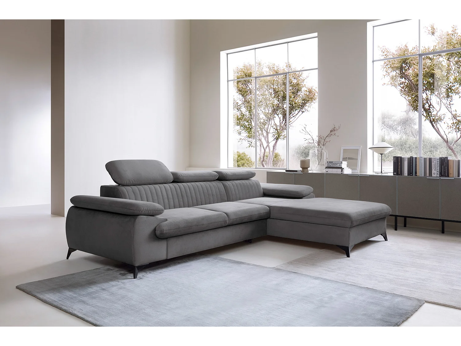 Canapé d'angle avec appuie-têtes réglables Xanto M, 280x193 cm, convertible, coffre de rangement, droite, Gris foncé