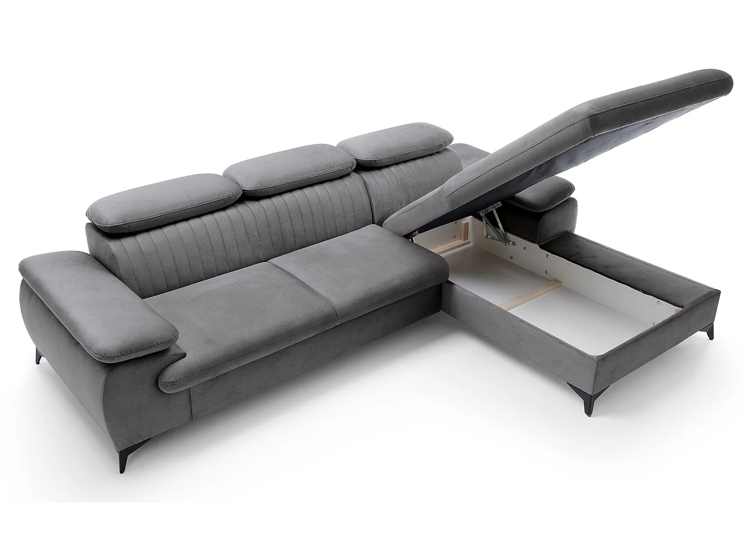 Canapé d'angle avec appuie-têtes réglables Xanto M, 280x193 cm, convertible, coffre de rangement, droite, Gris foncé