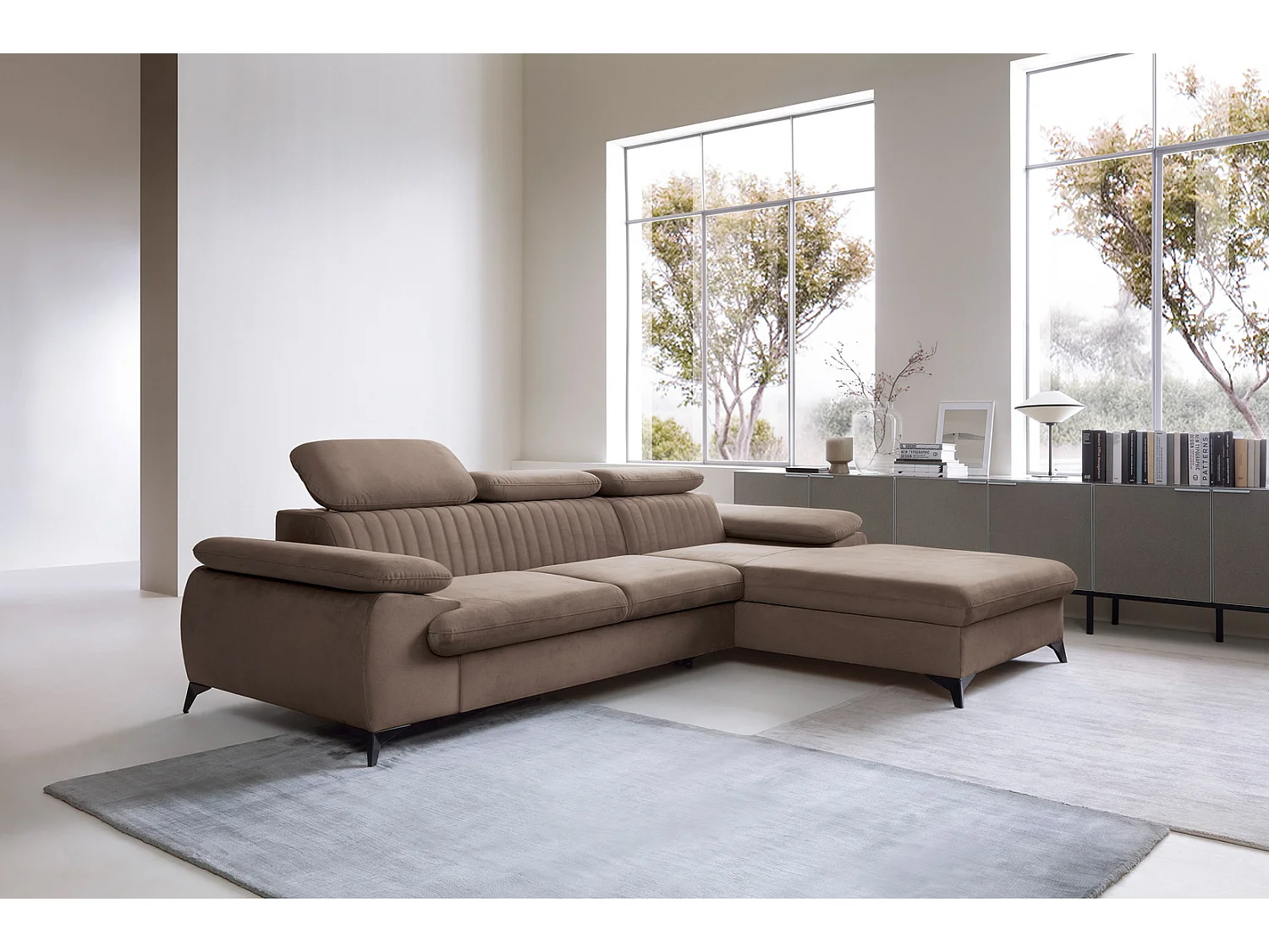 Canapé d'angle avec appuie-têtes réglables Xanto M, 280x193 cm, convertible, coffre de rangement, droite, Marron