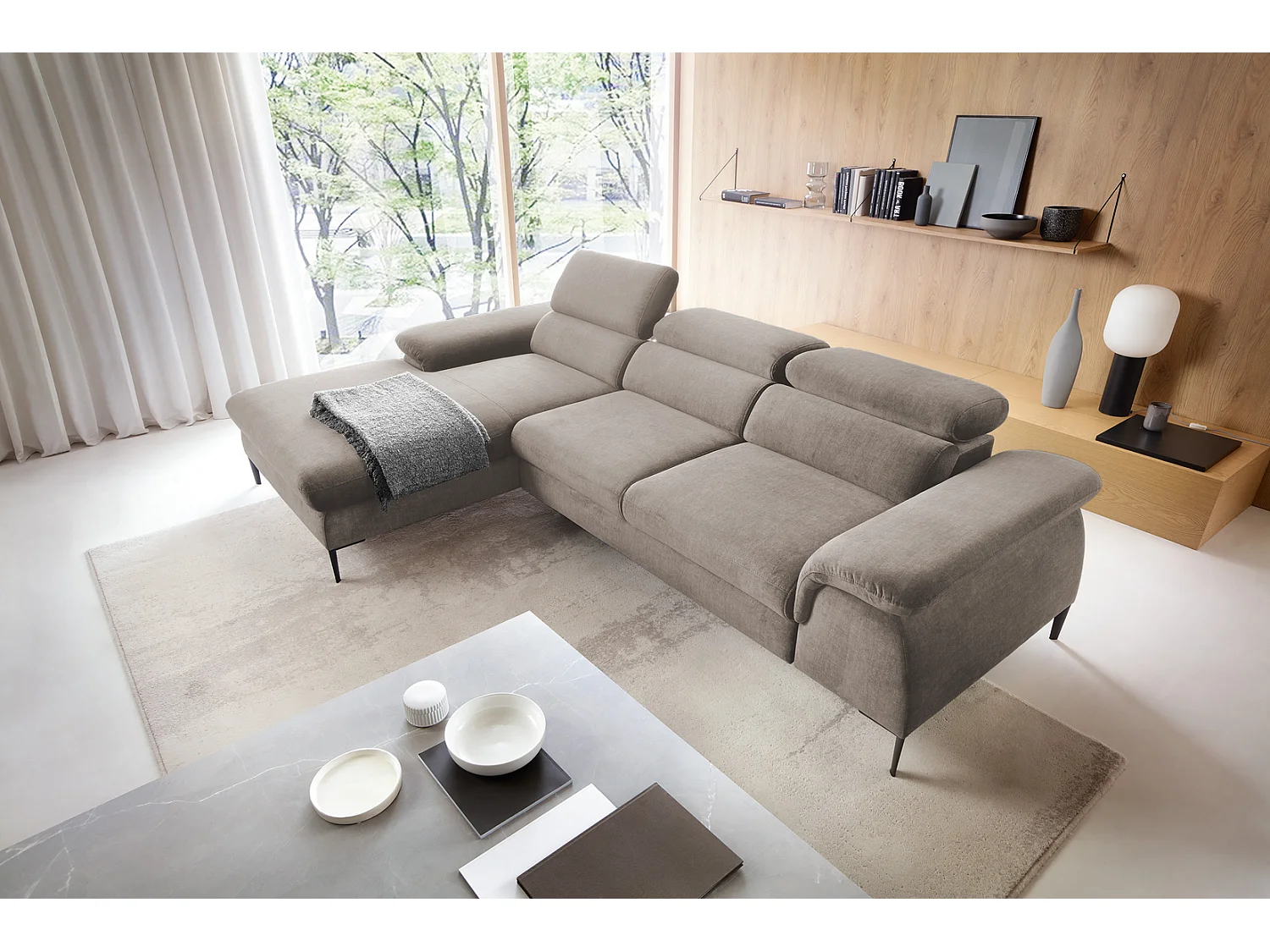 Canapé d'angle convertible 290 cm Amaro M, têtières réglables, coffre de rangement, gauche, Beige foncé