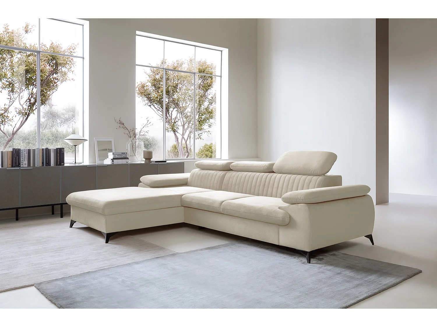 Canapé d'angle avec appuie-têtes réglables Xanto M, 280x193 cm, convertible, coffre de rangement, gauche, Crème