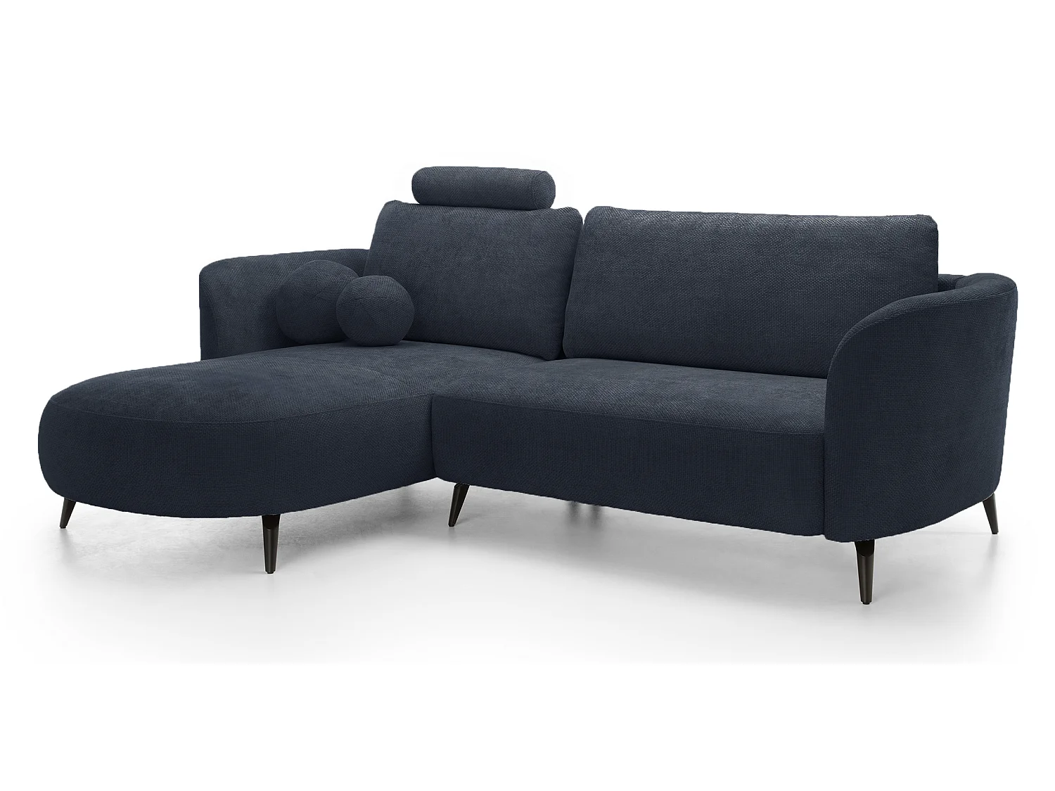 Hoekbank 260 cm Kendra op poten van 15 cm, slaapfunctie en opbergruimte, ronde poefs, links, Blauw