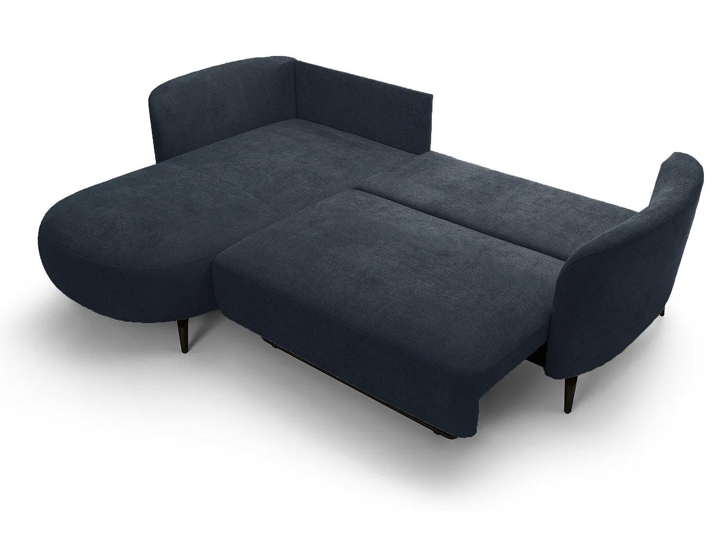 Hoekbank 260 cm Kendra op poten van 15 cm, slaapfunctie en opbergruimte, ronde poefs, links, Blauw