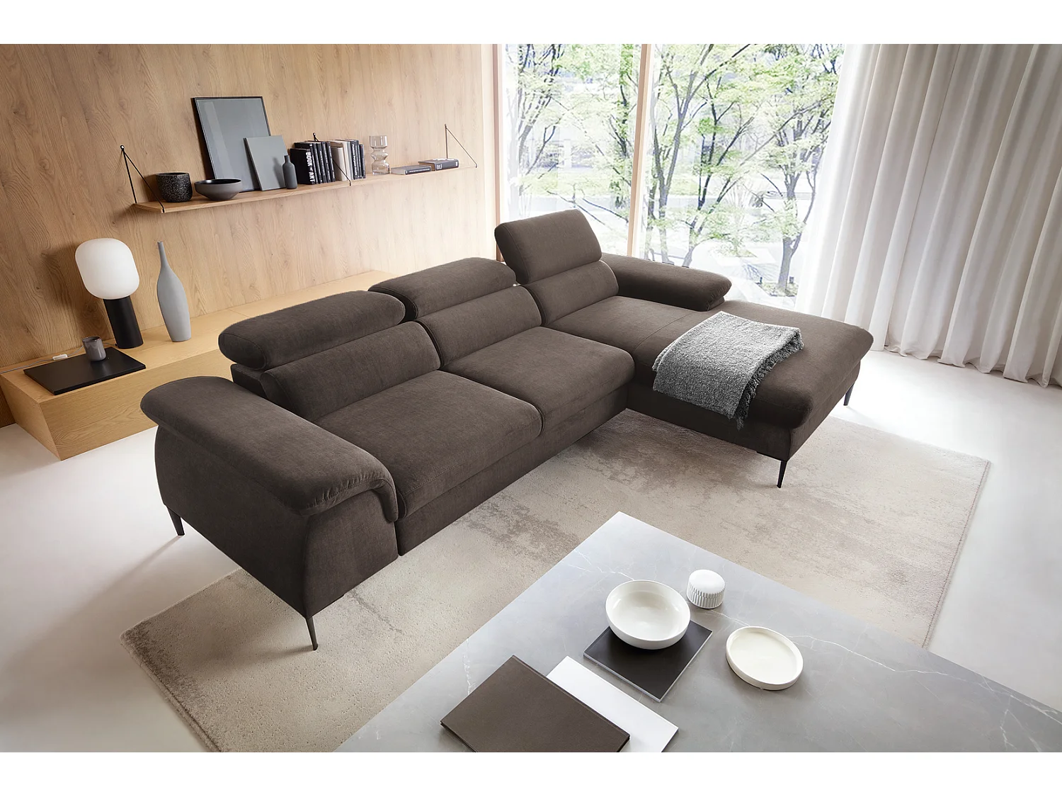Canapé d'angle convertible 290 cm Amaro M, têtières réglables, coffre de rangement, droite, Marron