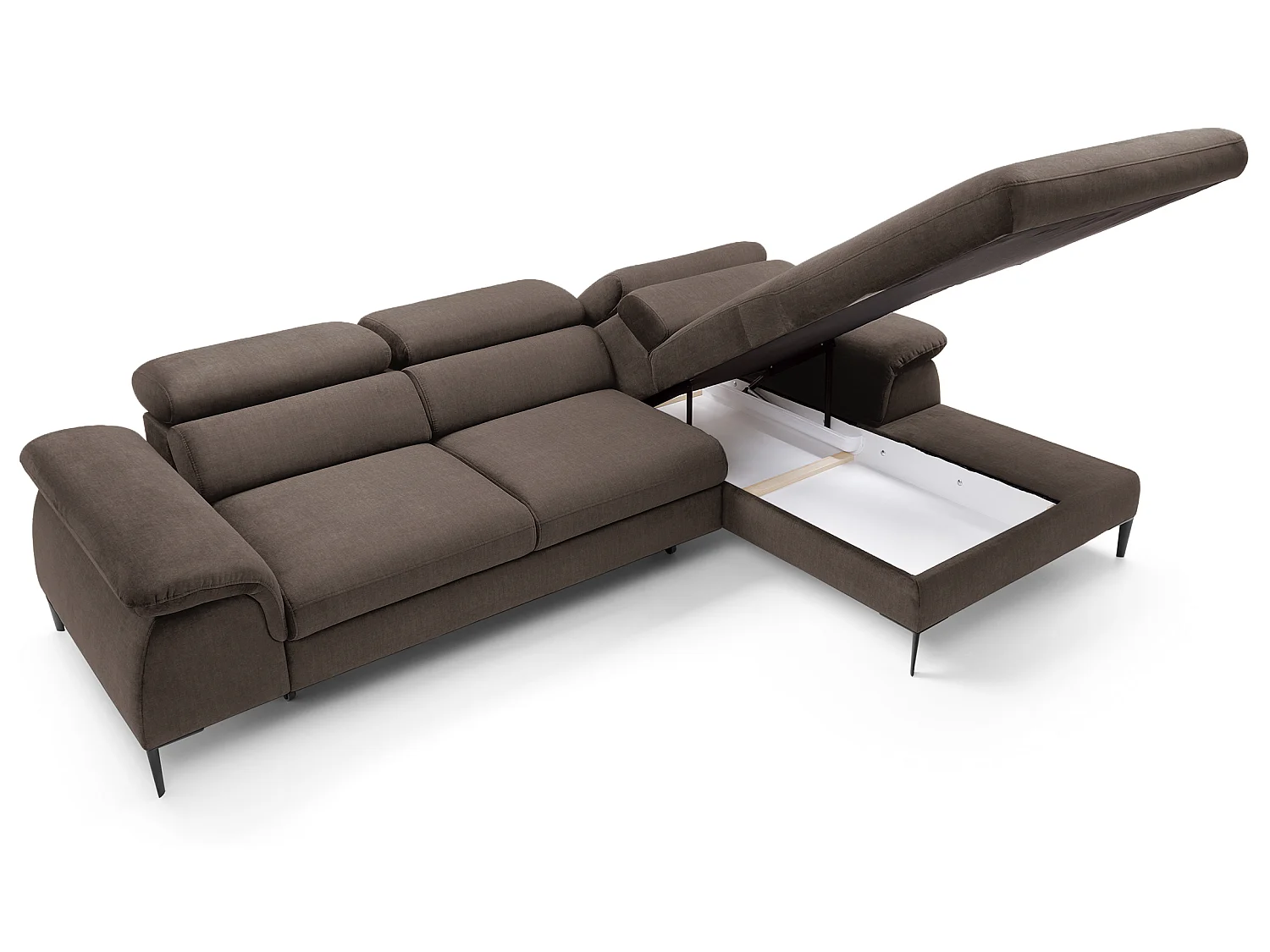 Canapé d'angle convertible 290 cm Amaro M, têtières réglables, coffre de rangement, droite, Marron