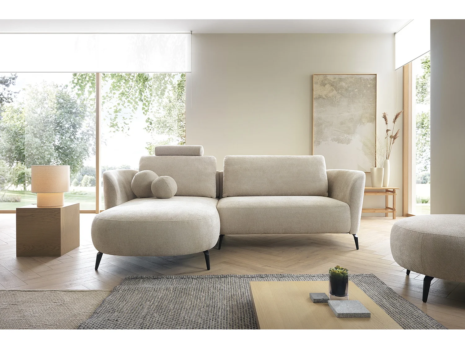 Hoekbank 260 cm Kendra op poten van 15 cm, slaapfunctie en opbergruimte, ronde poefs, links, Beige
