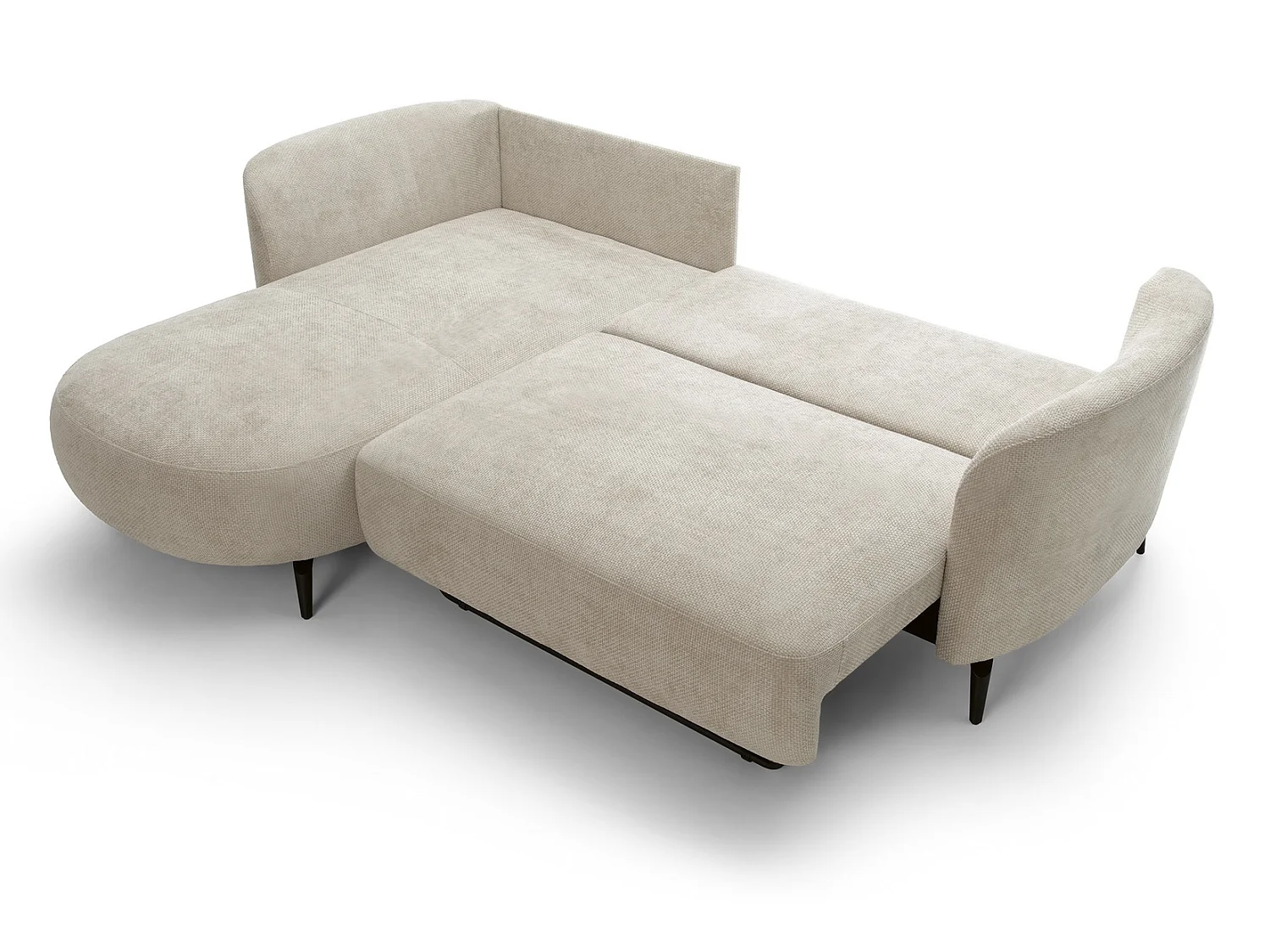 Hoekbank 260 cm Kendra op poten van 15 cm, slaapfunctie en opbergruimte, ronde poefs, links, Beige