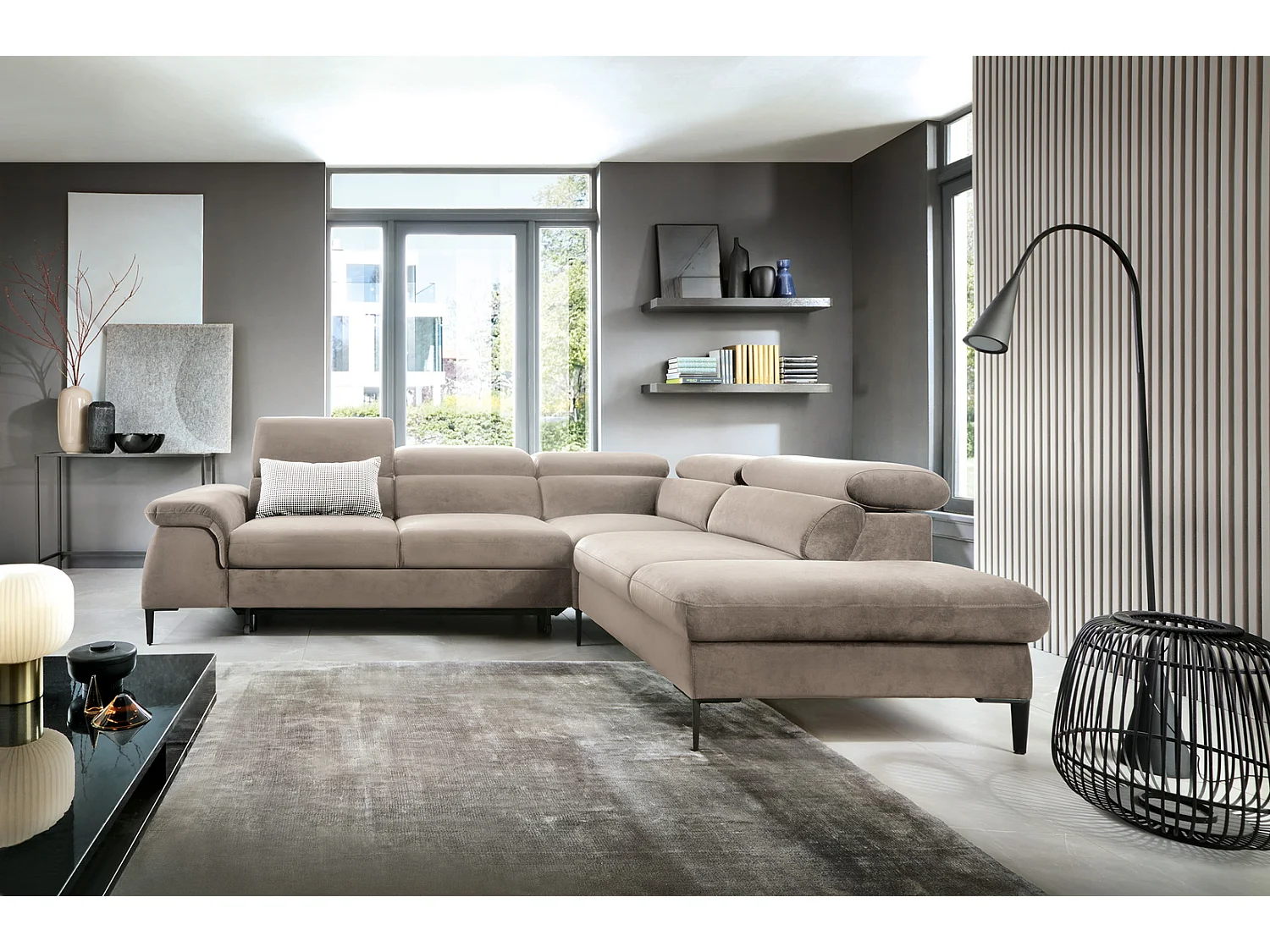 Canapé d'angle 280 cm Amaro L, têtières réglables, coffre de rangement, 5 places, droite, Beige