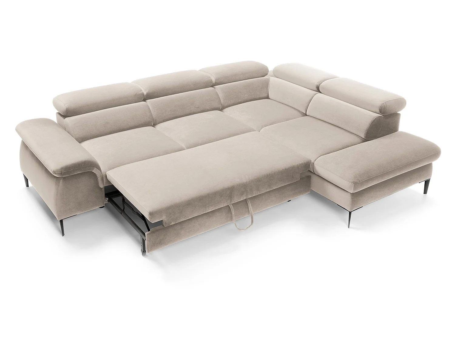Canapé d'angle 280 cm Amaro L, têtières réglables, coffre de rangement, 5 places, droite, Beige