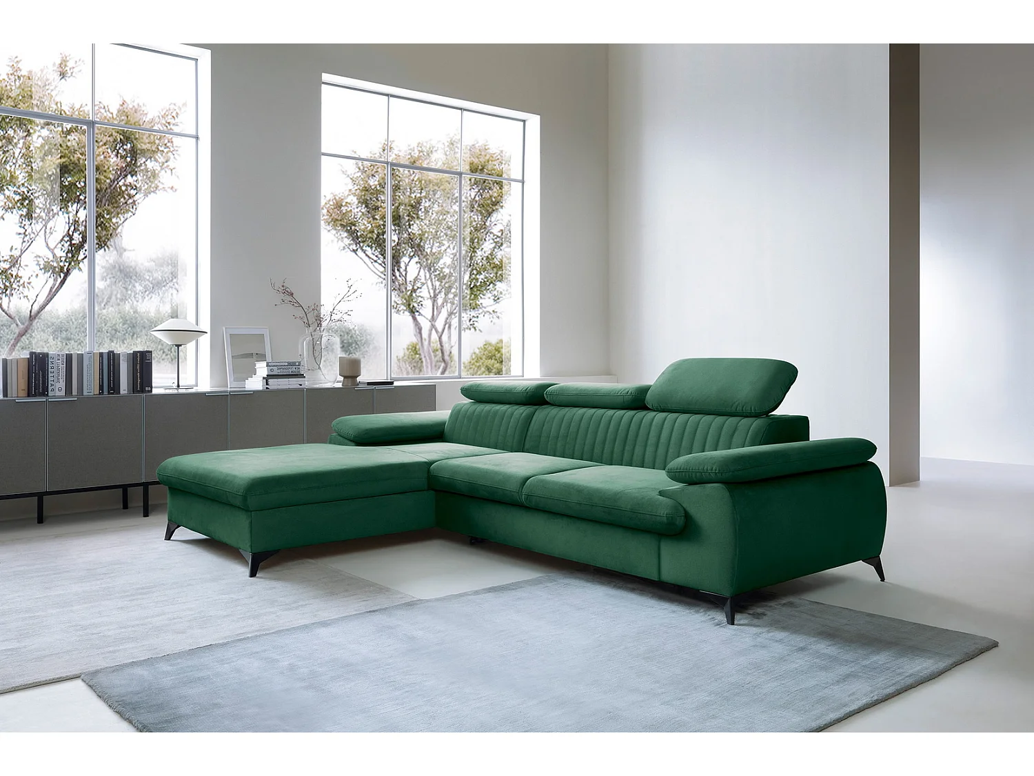 Hoekbank met verstelbare hoofdsteunen Xanto M, 280x193 cm, slaapfunctie en opbergruimte, links, Groen