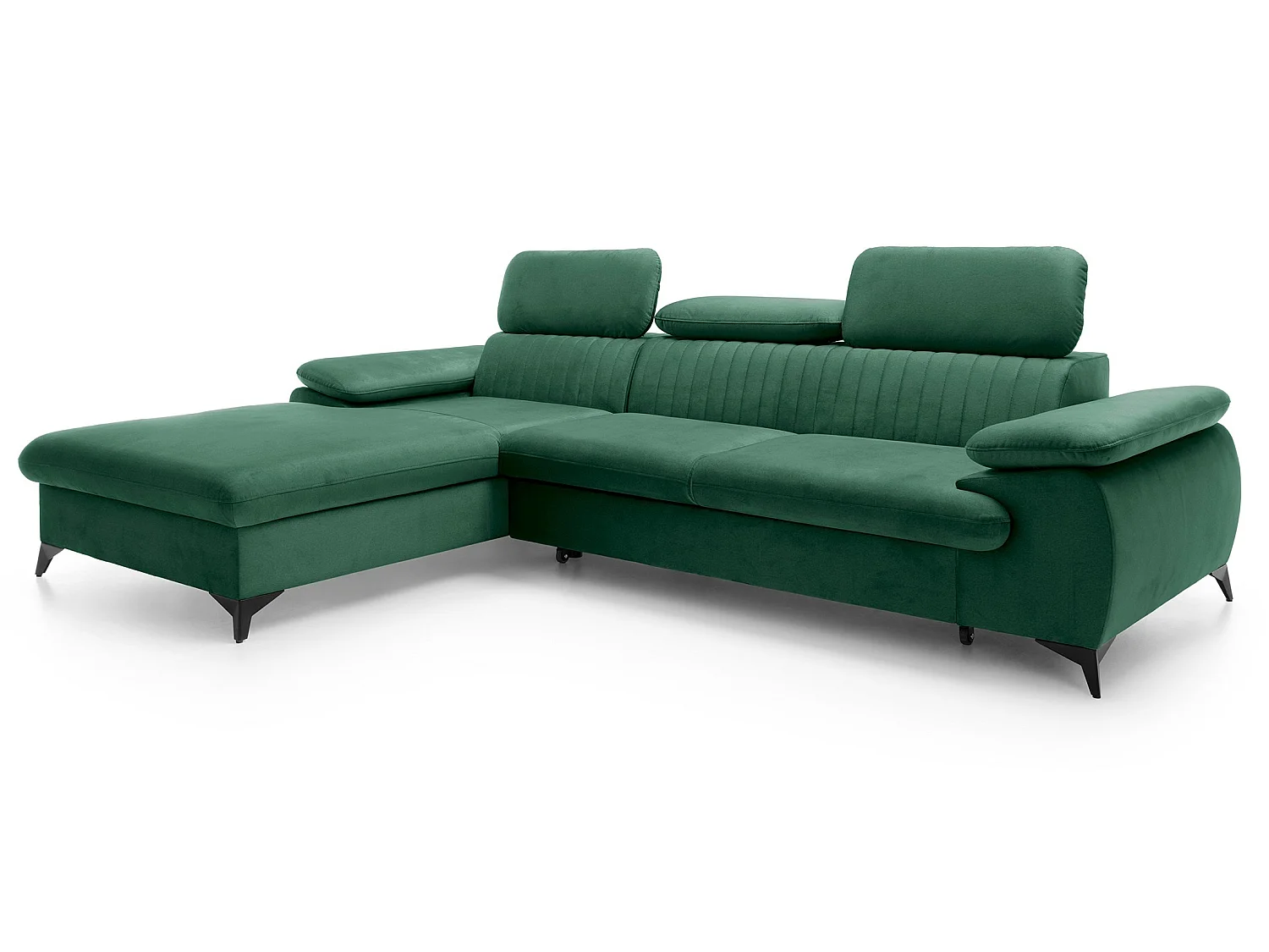 Hoekbank met verstelbare hoofdsteunen Xanto M, 280x193 cm, slaapfunctie en opbergruimte, links, Groen