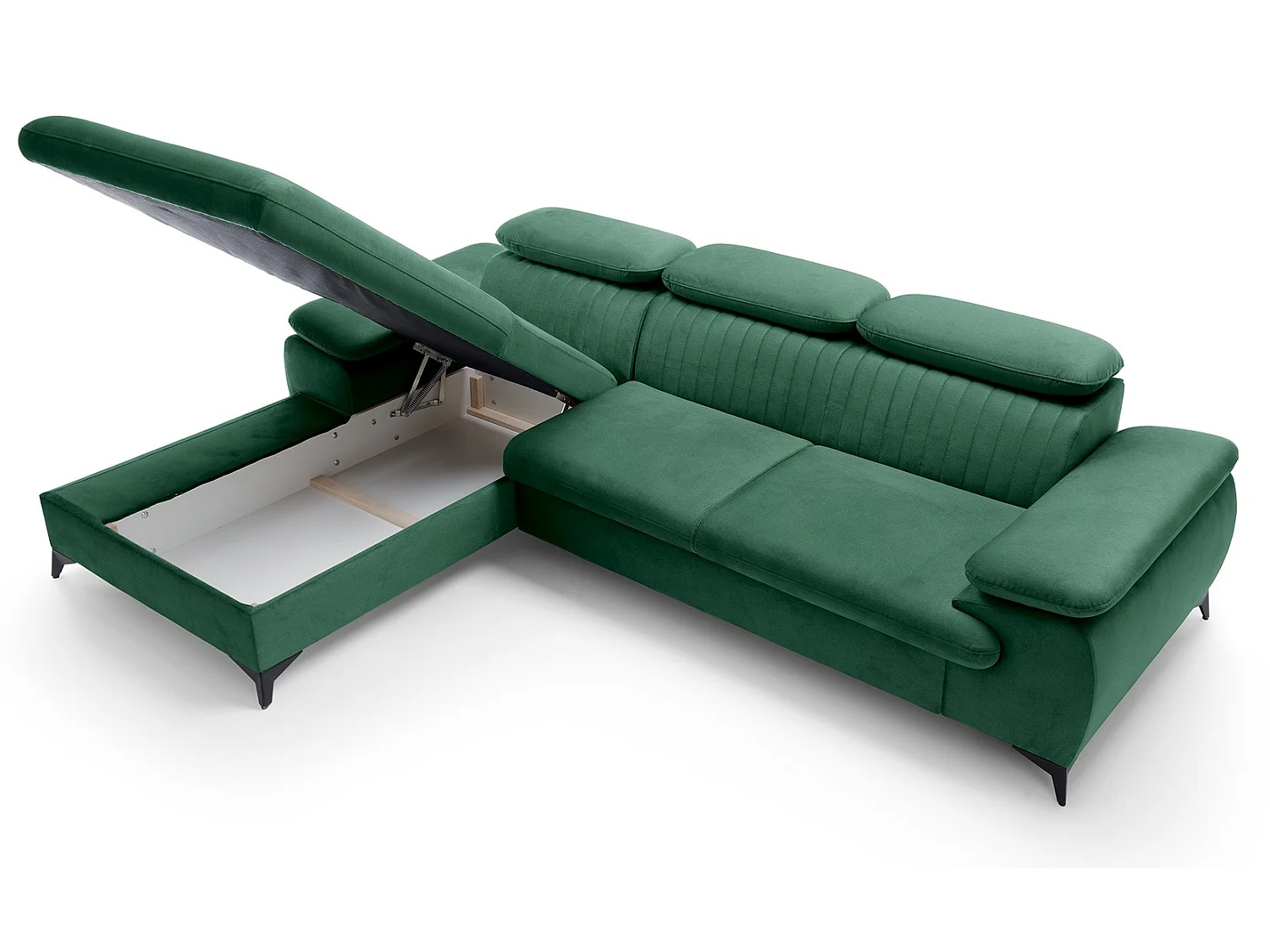 Hoekbank met verstelbare hoofdsteunen Xanto M, 280x193 cm, slaapfunctie en opbergruimte, links, Groen
