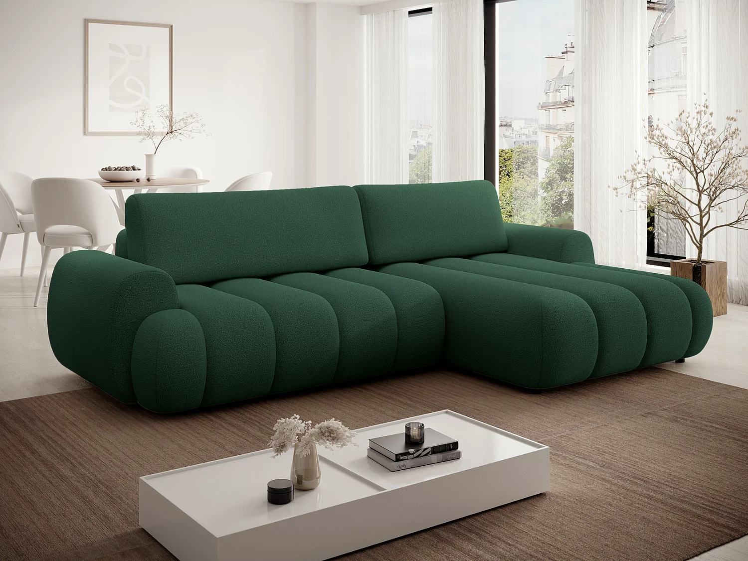 Canapé d'angle convertible 270 cm Puro, style moderne, coffre de rangement, 5 places, droite, Vert