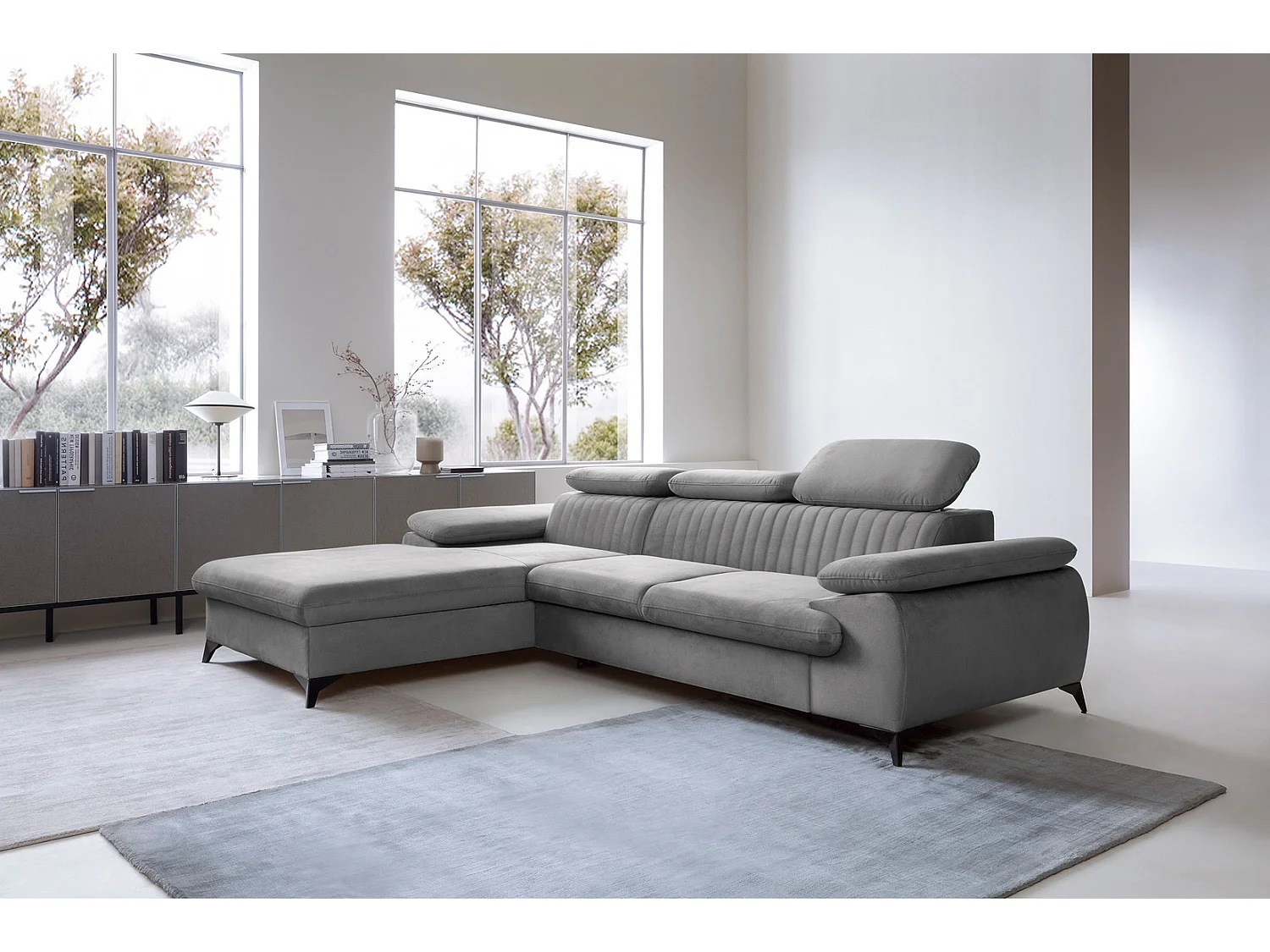 Hoekbank met verstelbare hoofdsteunen Xanto M, 280x193 cm, slaapfunctie en opbergruimte, links, Grijs