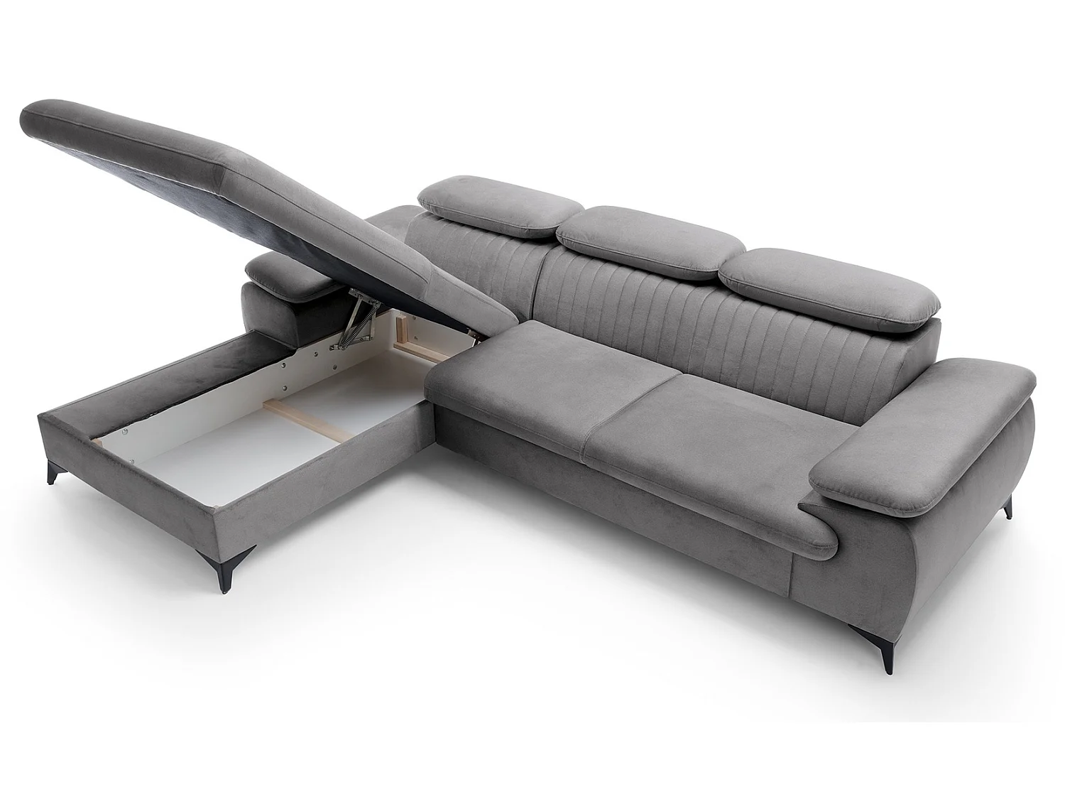Hoekbank met verstelbare hoofdsteunen Xanto M, 280x193 cm, slaapfunctie en opbergruimte, links, Grijs