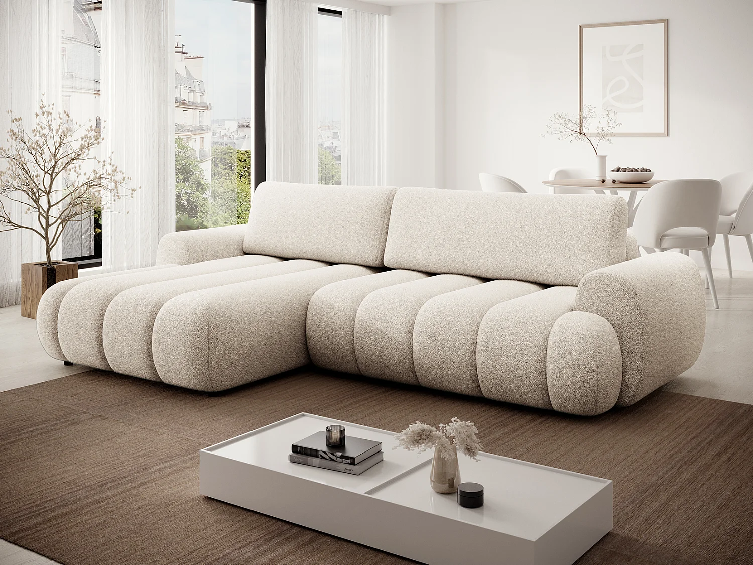 Hoekbank 270 cm Puro, modern design, slaapfunctie en opbergruimte, 5-zits, linkerhoek, Crème