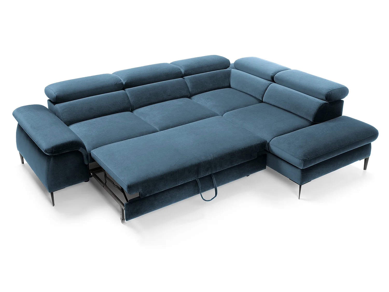 Canapé d'angle 280 cm Amaro L, têtières réglables, coffre de rangement, 5 places, droite, Bleu
