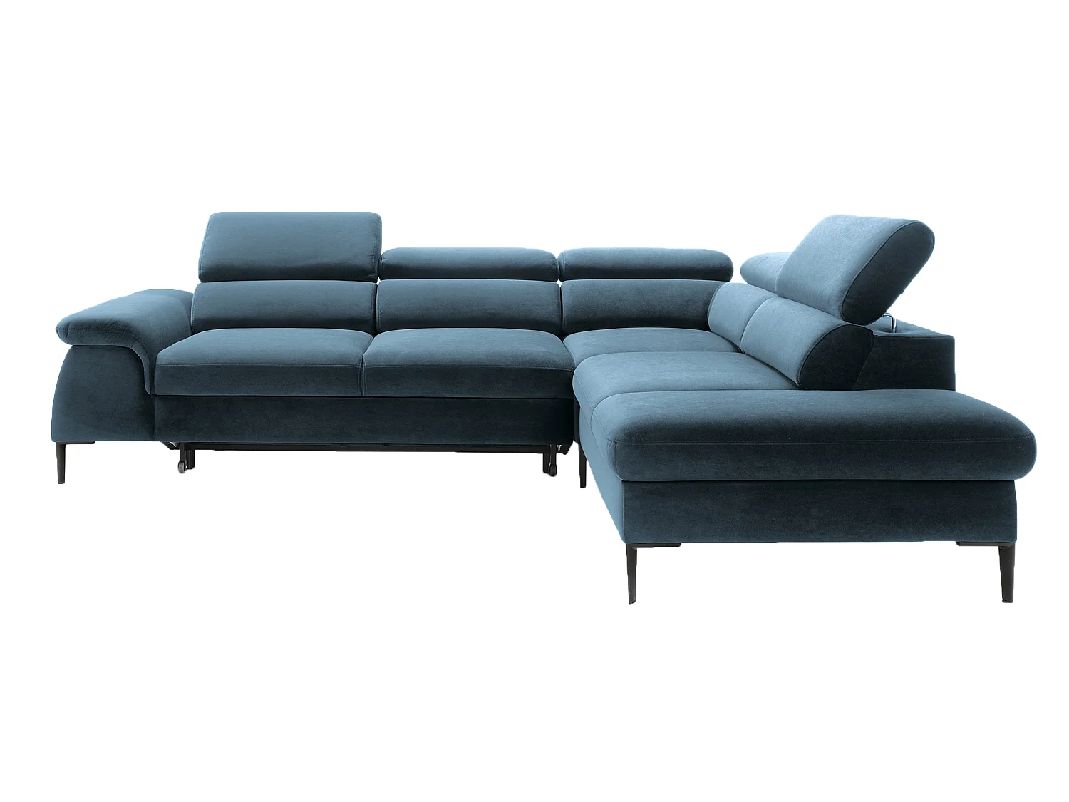 Canapé d'angle 280 cm Amaro L, têtières réglables, coffre de rangement, 5 places, droite, Bleu