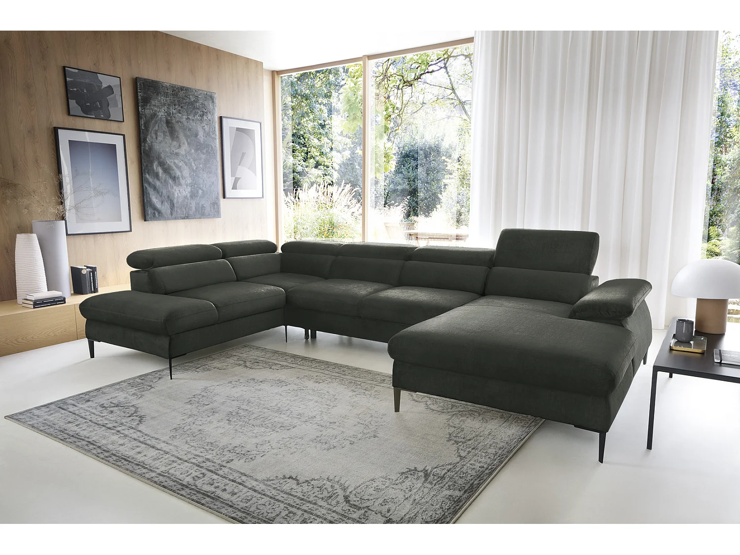 Canapé d'angle en U convertible 350 cm Amaro, tissu velours, têtières réglables - coffre, droite, Vert