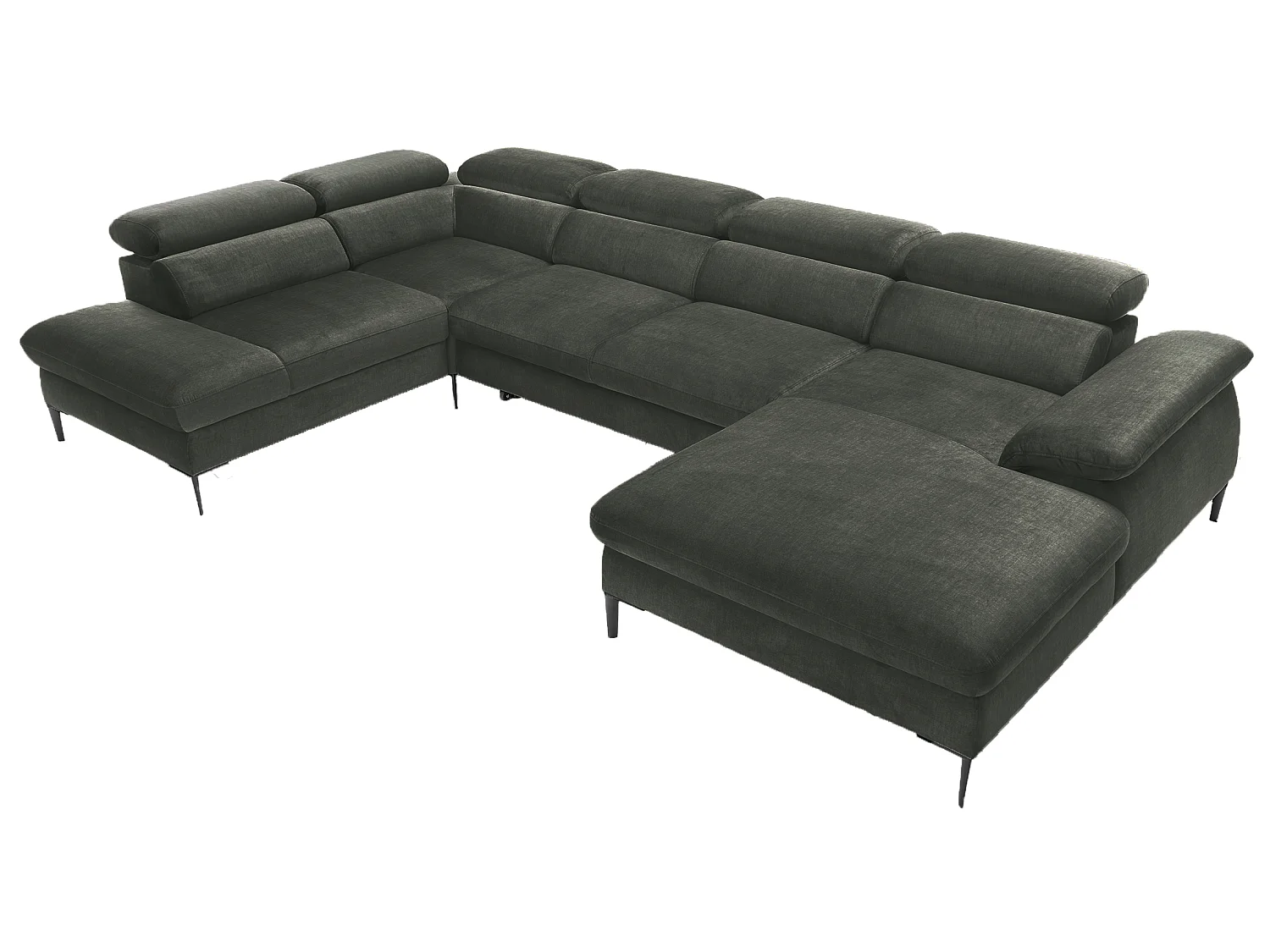 Canapé d'angle en U convertible 350 cm Amaro, tissu velours, têtières réglables - coffre, droite, Vert