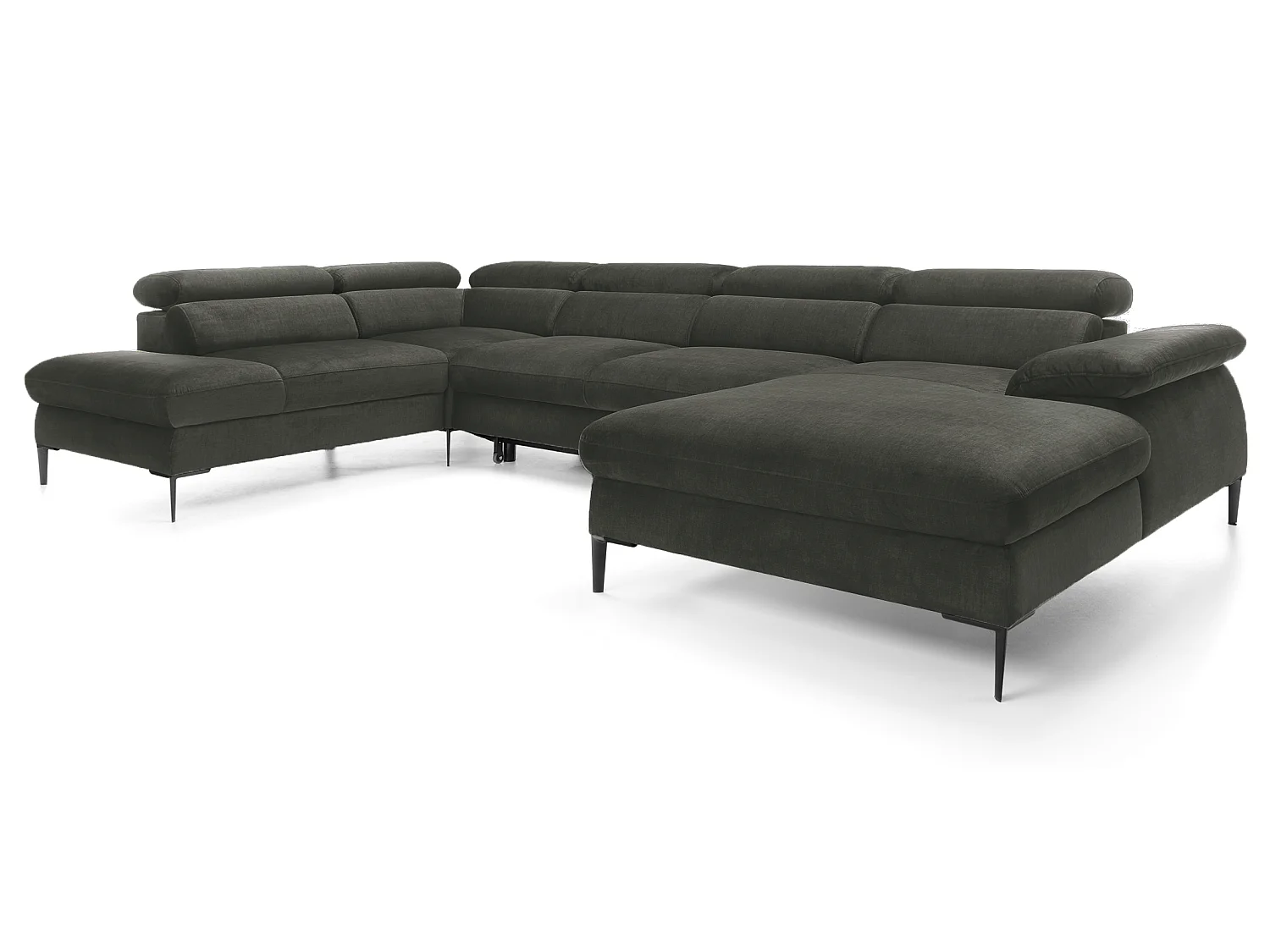 Canapé d'angle en U convertible 350 cm Amaro, tissu velours, têtières réglables - coffre, droite, Vert