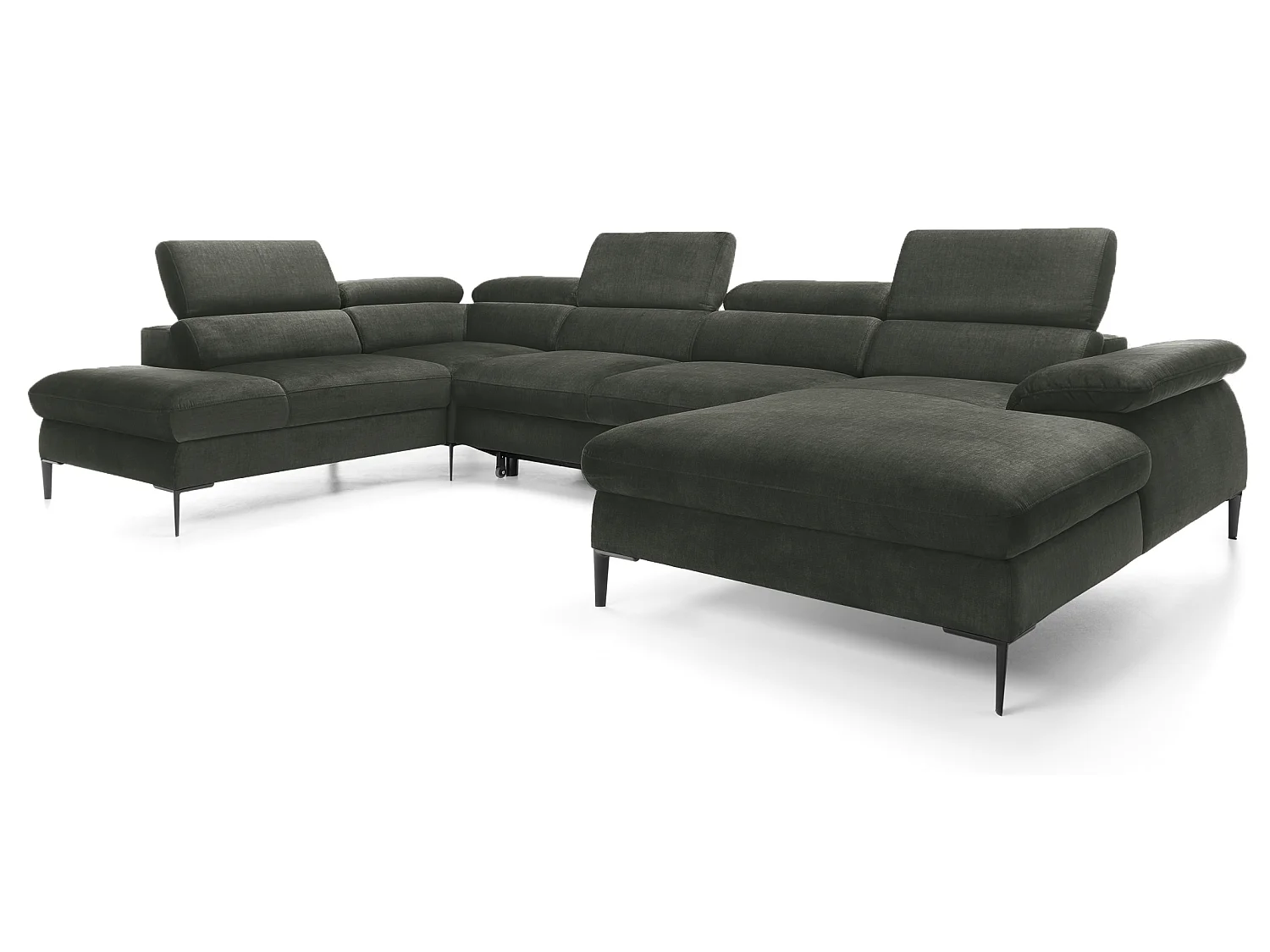 Canapé d'angle en U convertible 350 cm Amaro, tissu velours, têtières réglables - coffre, droite, Vert