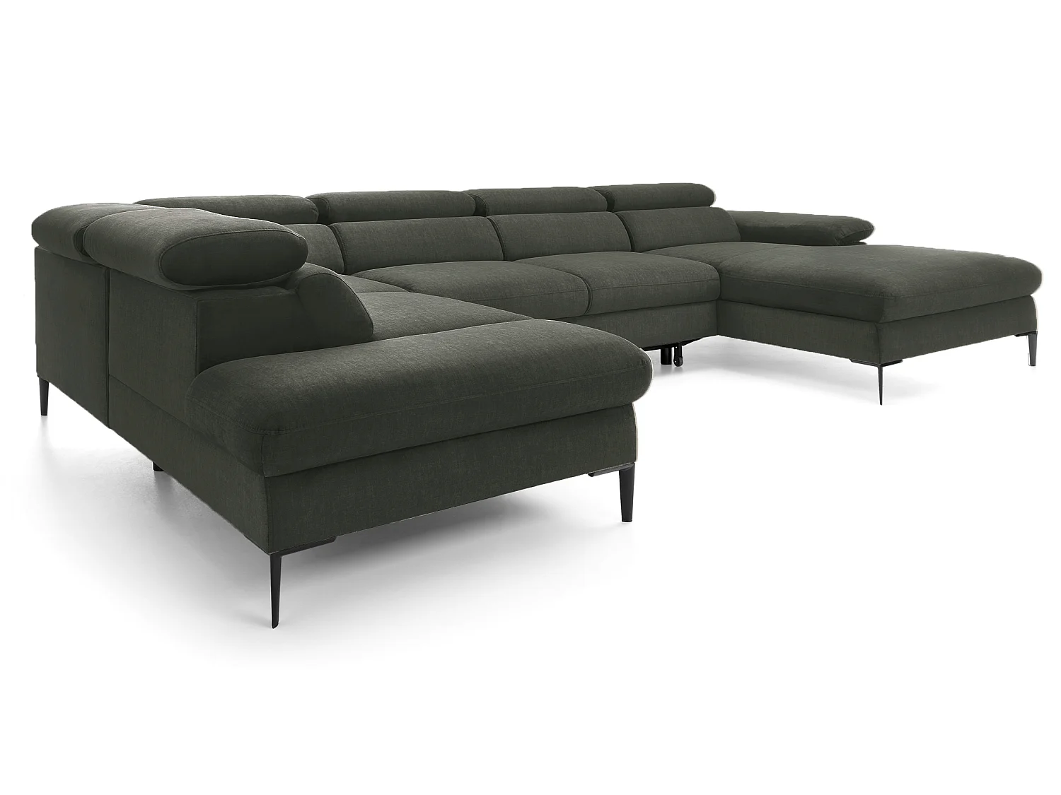 Canapé d'angle en U convertible 350 cm Amaro, tissu velours, têtières réglables - coffre, droite, Vert