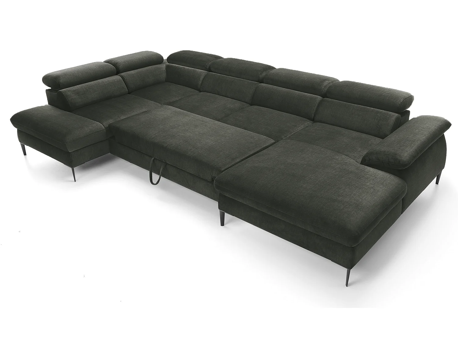 Canapé d'angle en U convertible 350 cm Amaro, tissu velours, têtières réglables - coffre, droite, Vert