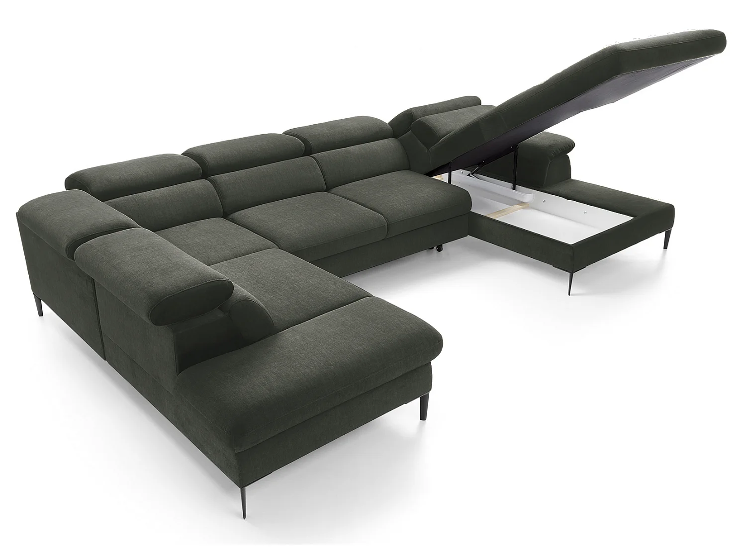 Canapé d'angle en U convertible 350 cm Amaro, tissu velours, têtières réglables - coffre, droite, Vert