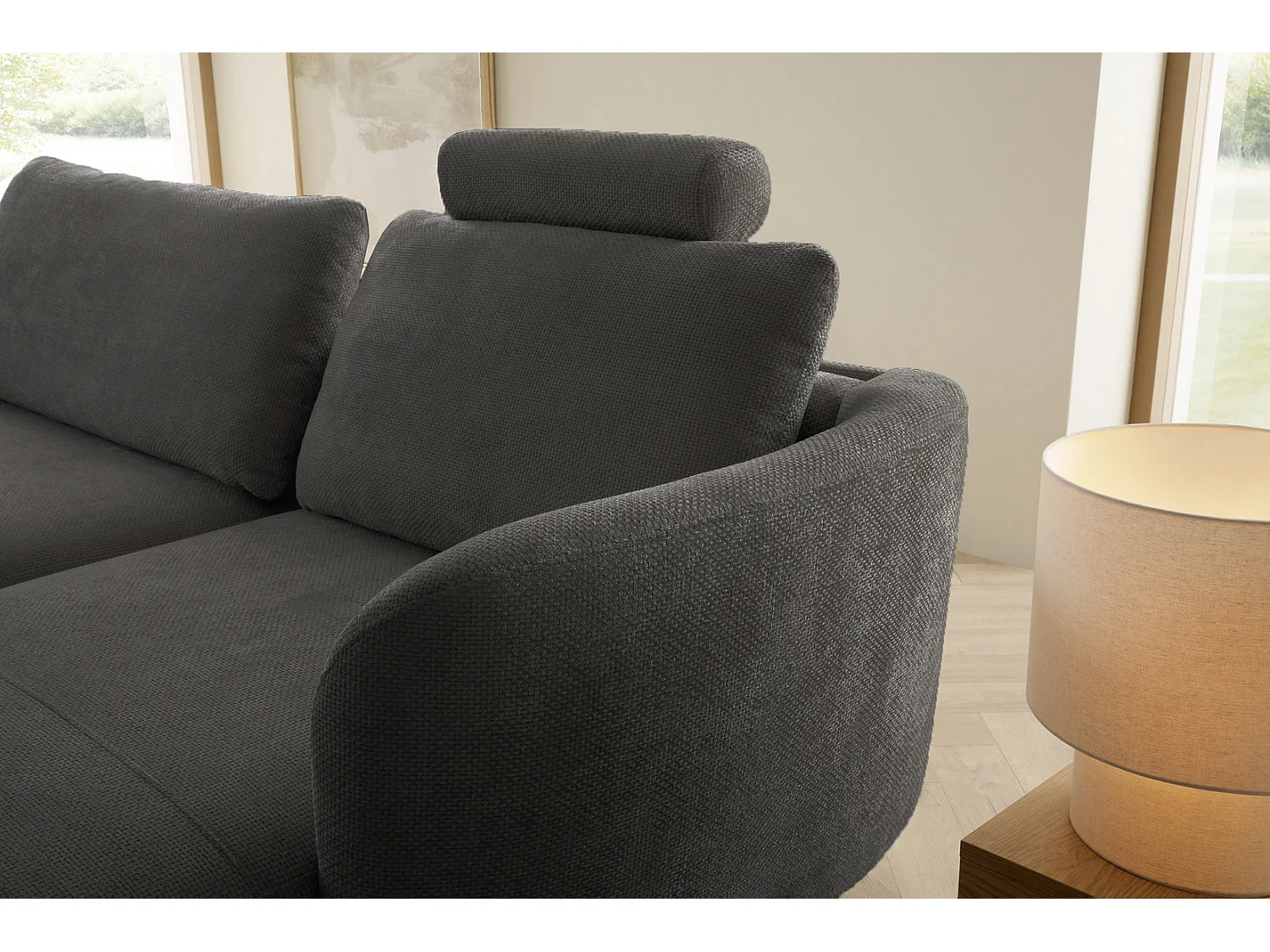 Canapé d'angle convertible 260 cm Kendra sur pieds de 15 cm, coffre de rangement, poufs boules, droite, Gris foncé
