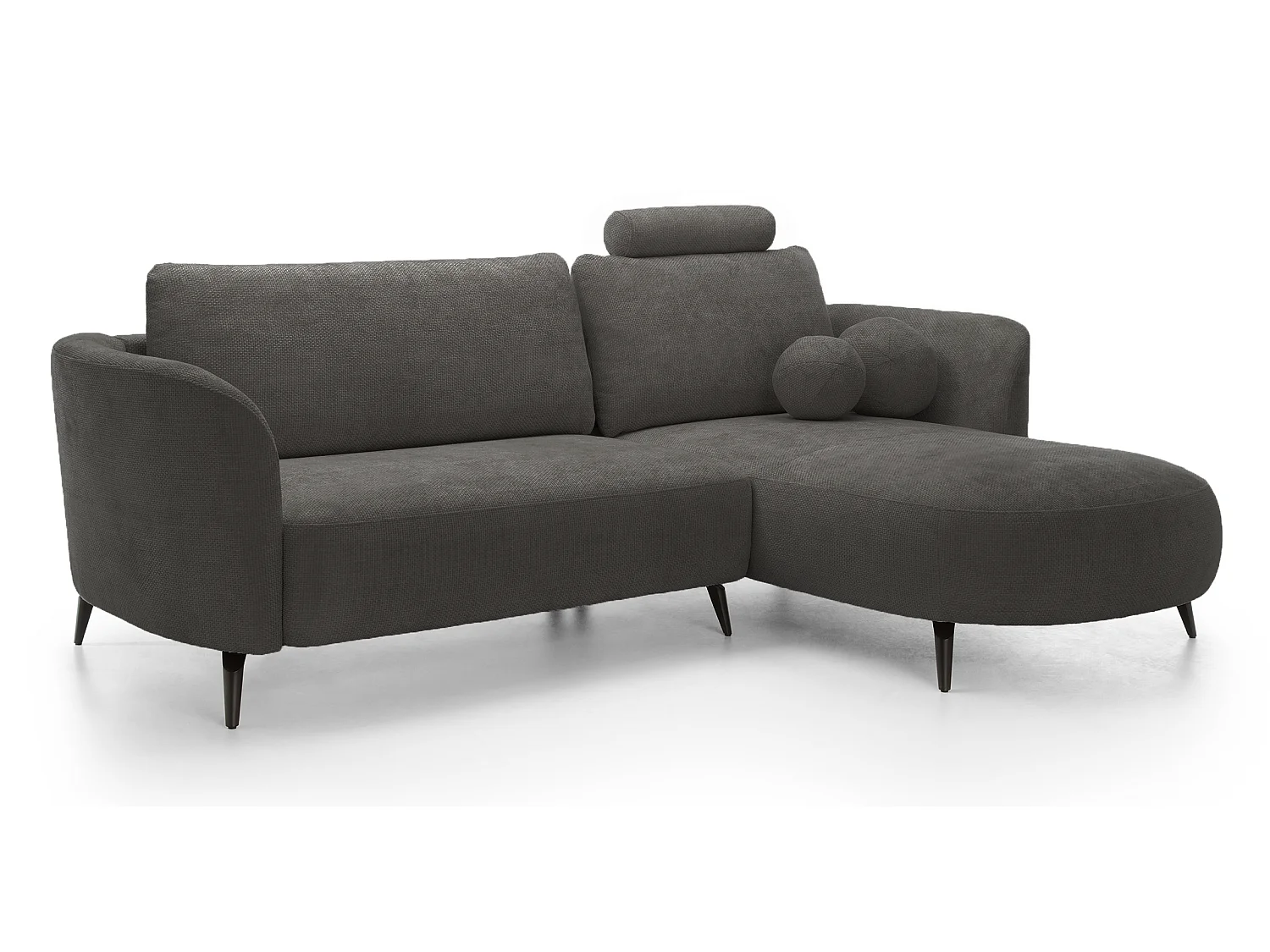 Canapé d'angle convertible 260 cm Kendra sur pieds de 15 cm, coffre de rangement, poufs boules, droite, Gris foncé