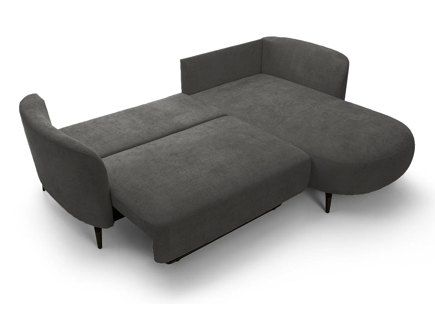 Canapé d'angle convertible 260 cm Kendra sur pieds de 15 cm, coffre de rangement, poufs boules, droite, Gris foncé