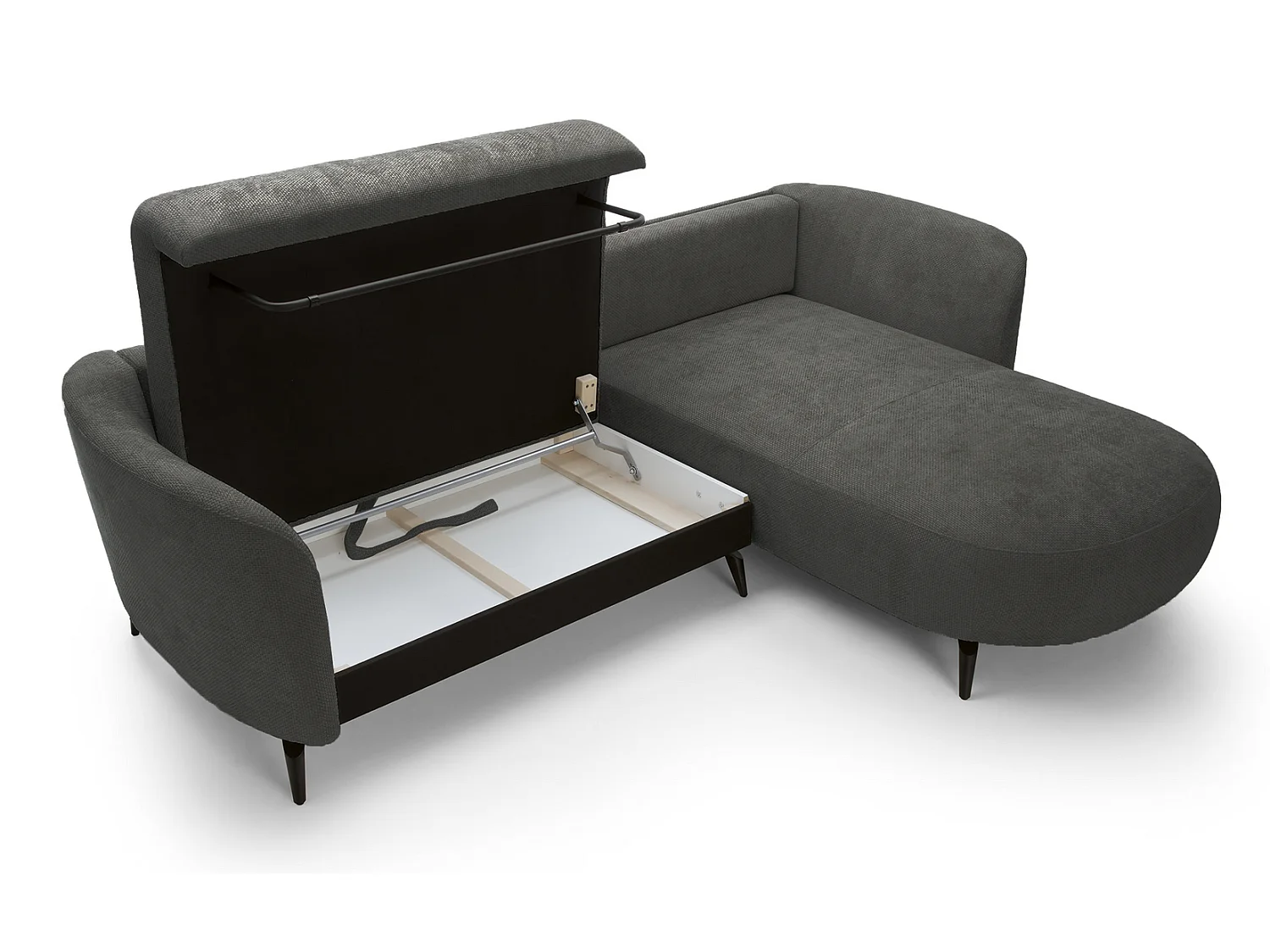 Canapé d'angle convertible 260 cm Kendra sur pieds de 15 cm, coffre de rangement, poufs boules, droite, Gris foncé