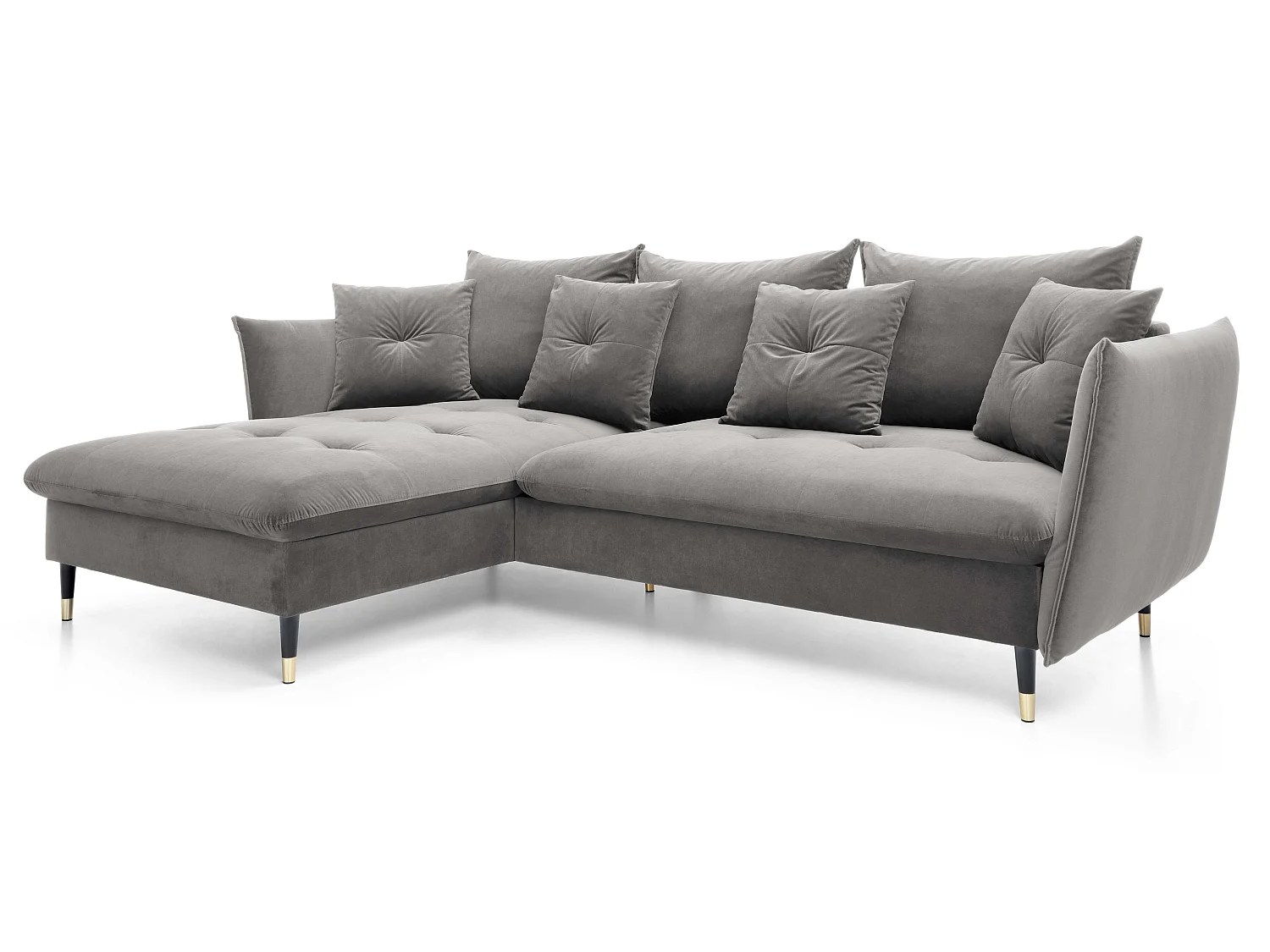 Hoekbank 258x167 cm Sagir op hoge poten, links, slaapfunctie en opbergruimte, Grijs