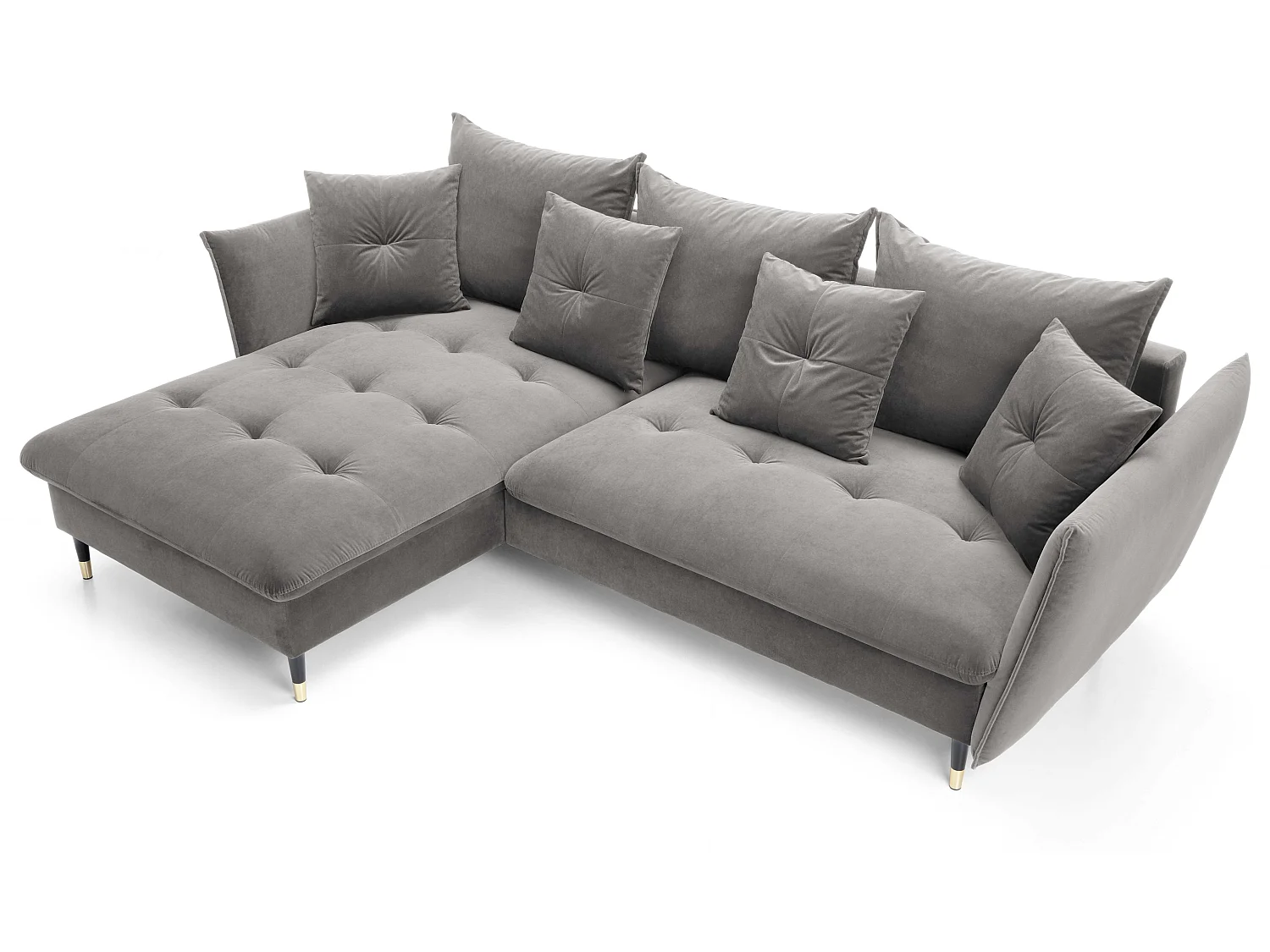 Hoekbank 258x167 cm Sagir op hoge poten, links, slaapfunctie en opbergruimte, Grijs