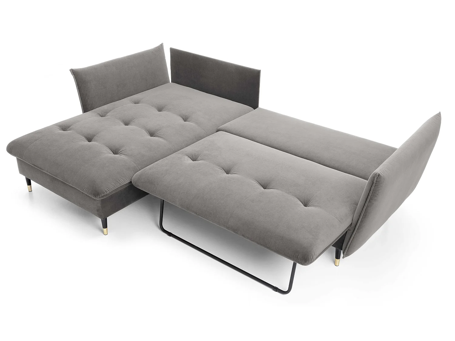 Hoekbank 258x167 cm Sagir op hoge poten, links, slaapfunctie en opbergruimte, Grijs