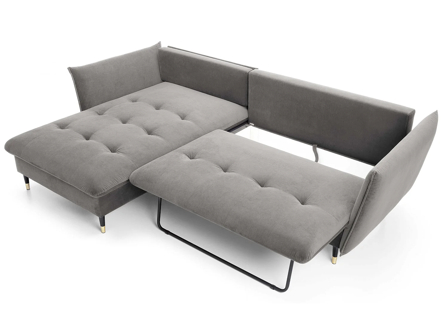 Hoekbank 258x167 cm Sagir op hoge poten, links, slaapfunctie en opbergruimte, Grijs