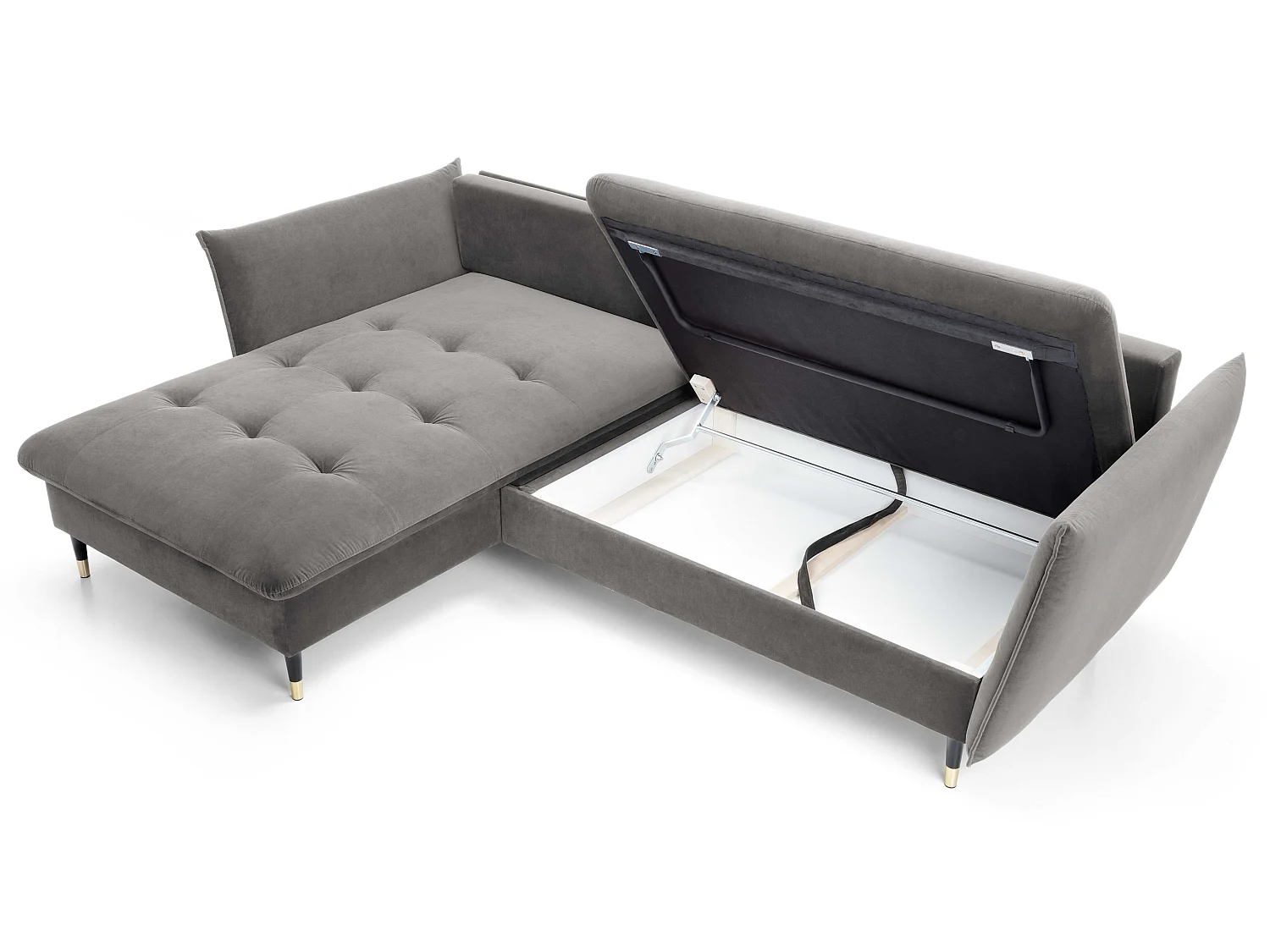 Hoekbank 258x167 cm Sagir op hoge poten, links, slaapfunctie en opbergruimte, Grijs