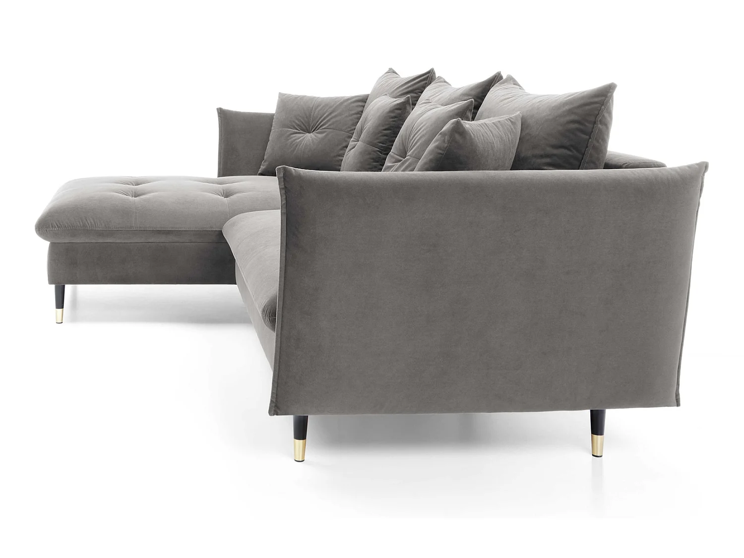 Hoekbank 258x167 cm Sagir op hoge poten, links, slaapfunctie en opbergruimte, Grijs