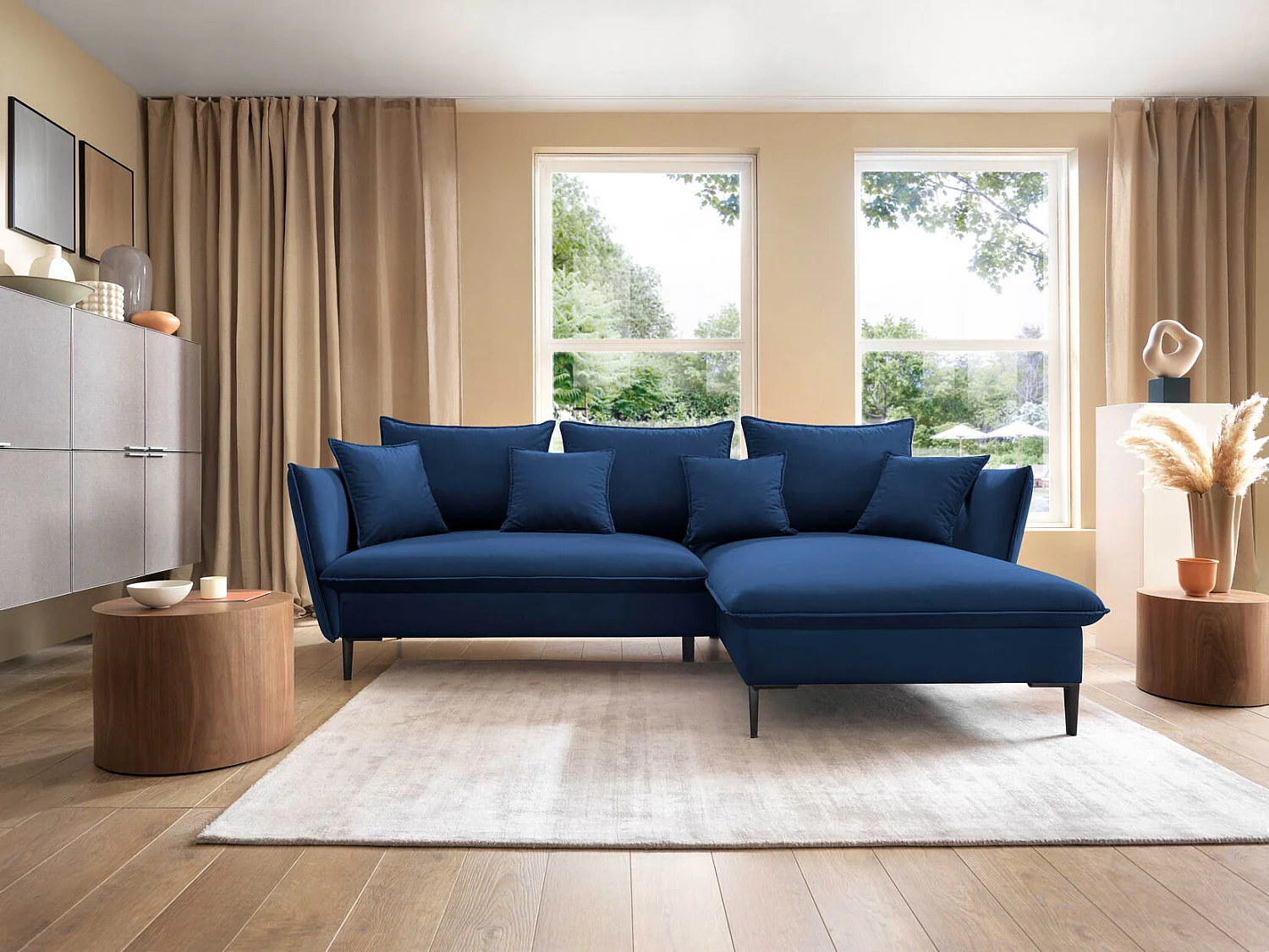 Hoekbank met slaapfunctie 260 cm Flavio, op hoge poten, fluweelzachte stof, opbergruimte, rechts, Blauw