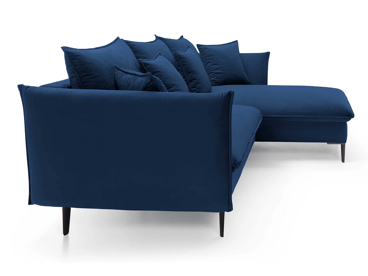 Hoekbank met slaapfunctie 260 cm Flavio, op hoge poten, fluweelzachte stof, opbergruimte, rechts, Blauw