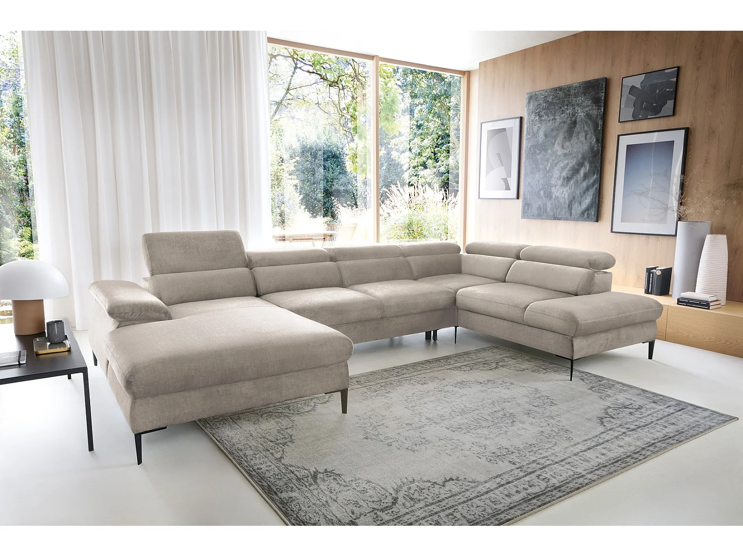 Canapé d'angle en U convertible 350 cm Amaro, tissu velours, têtières réglables - coffre, gauche, Beige