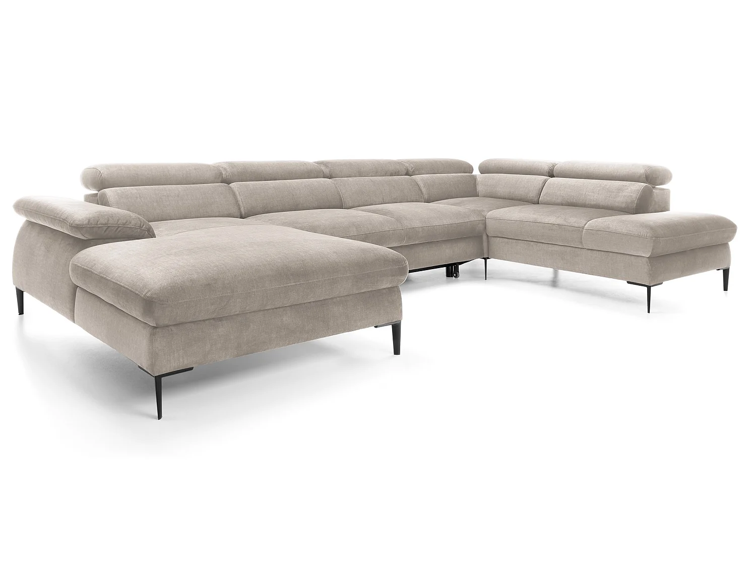 Canapé d'angle en U convertible 350 cm Amaro, tissu velours, têtières réglables - coffre, gauche, Beige