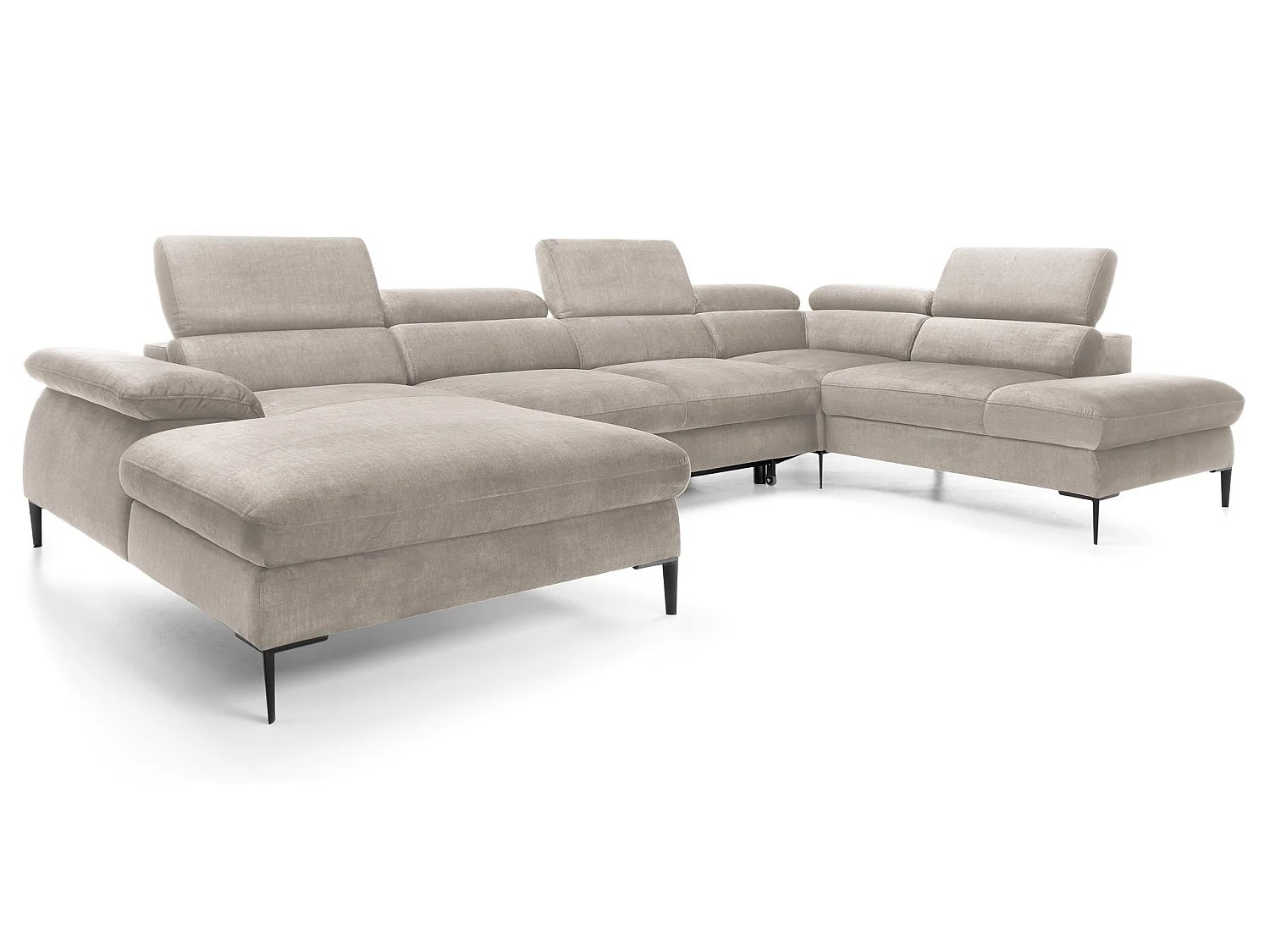 Canapé d'angle en U convertible 350 cm Amaro, tissu velours, têtières réglables - coffre, gauche, Beige