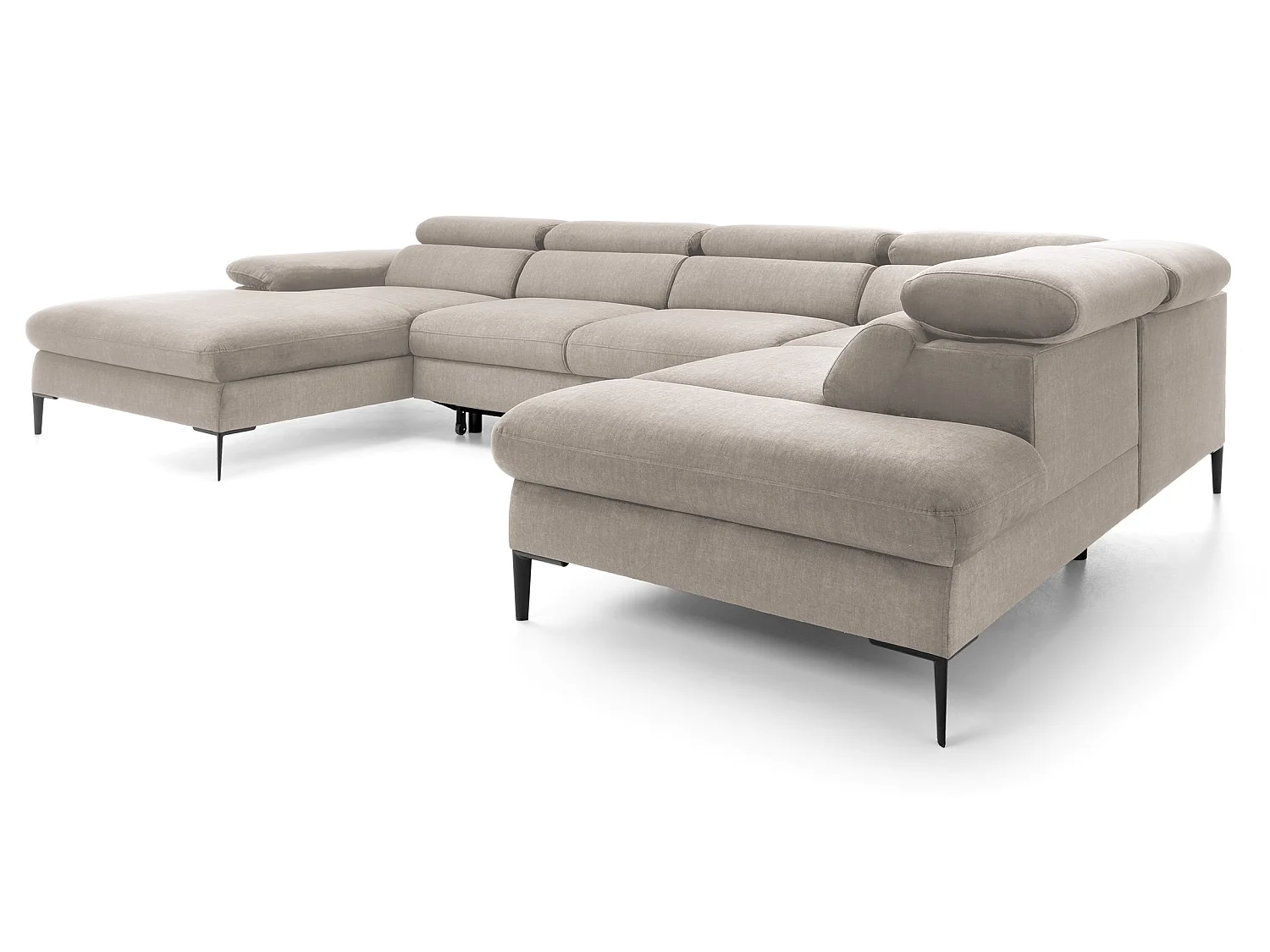 Canapé d'angle en U convertible 350 cm Amaro, tissu velours, têtières réglables - coffre, gauche, Beige