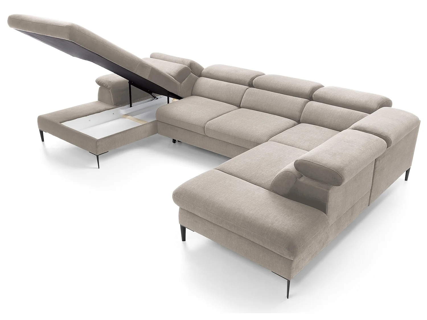 Canapé d'angle en U convertible 350 cm Amaro, tissu velours, têtières réglables - coffre, gauche, Beige