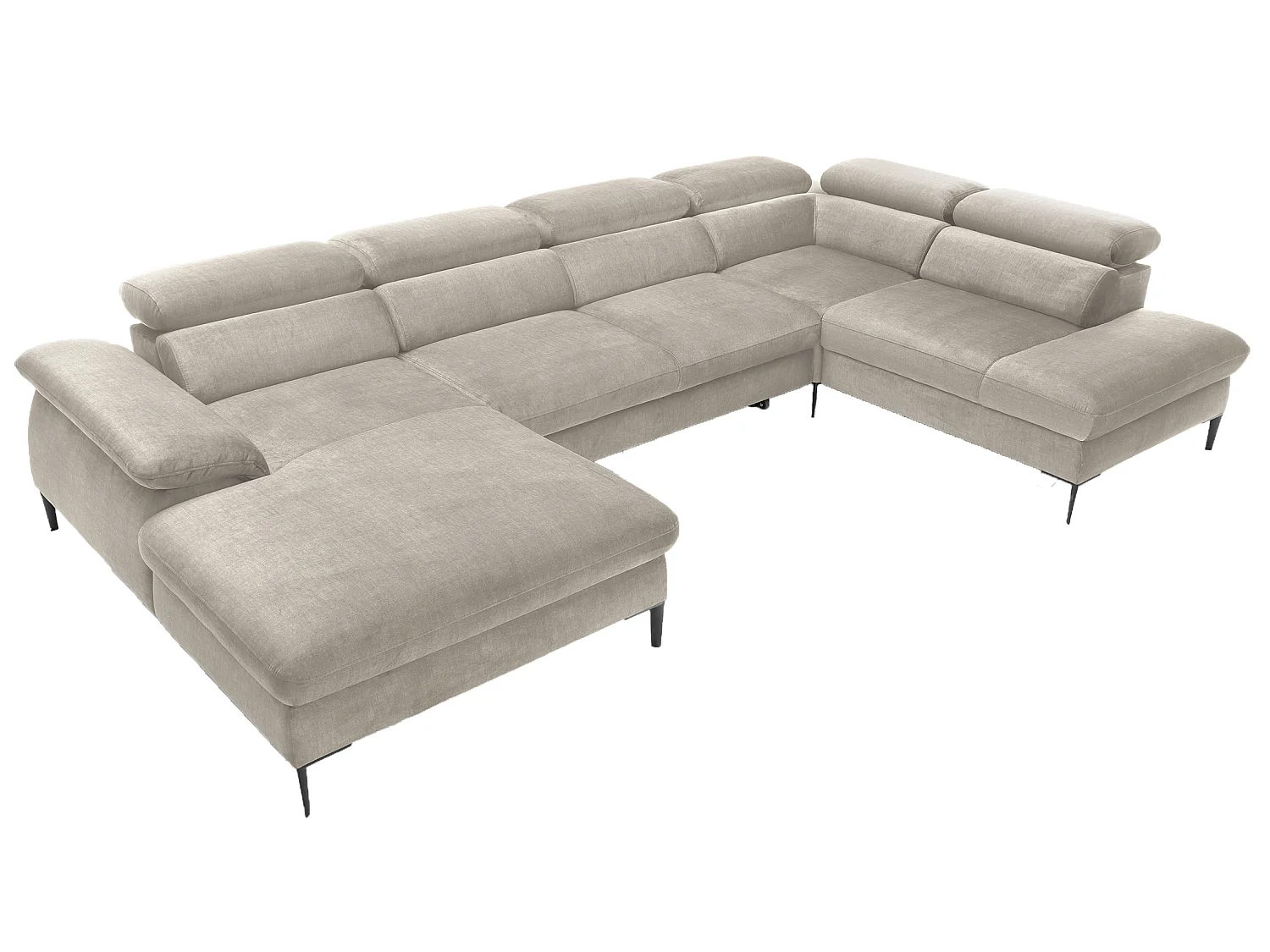 Canapé d'angle en U convertible 350 cm Amaro, tissu velours, têtières réglables - coffre, gauche, Beige