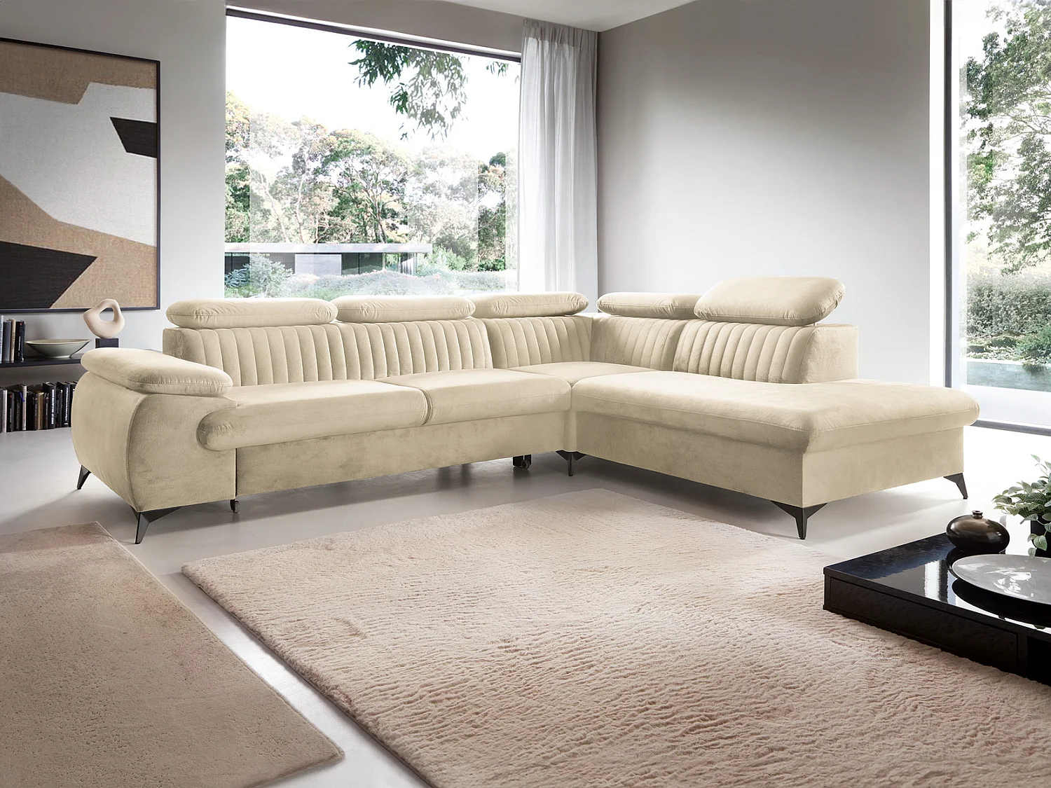 Hoekbank 275x221 cm Xanto L, verstelbare hoofdsteunen, slaapfunctie en opbergruimte, rechts, Crème
